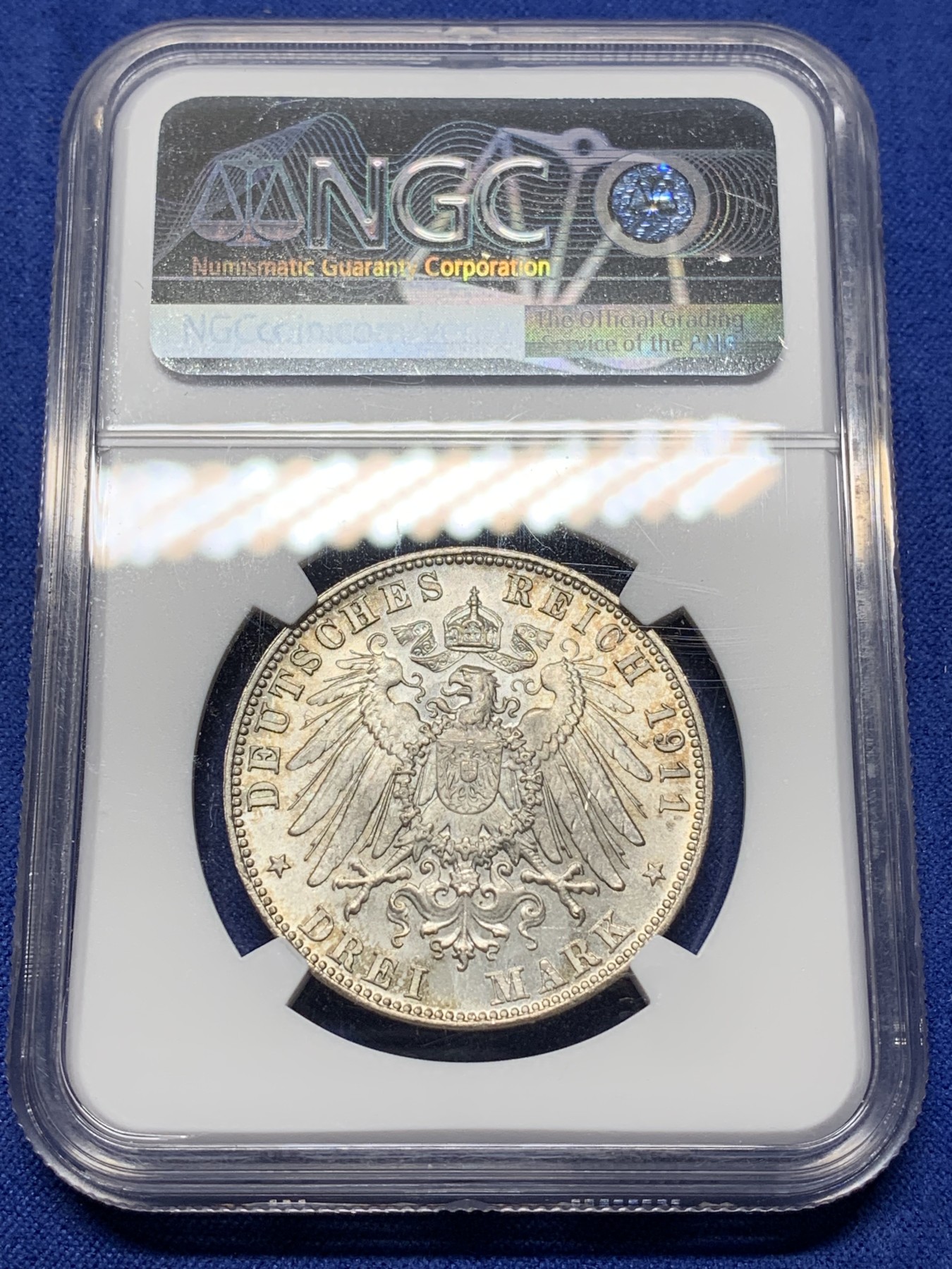 《竞宝斋》第225场-周日，周一，周二 3场 (全场包邮) NGC MS65 德国1911年巴伐利亚柳特波德90大寿3马克银币