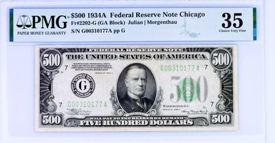【Blue Auction】✨世界纸币精拍第407期【精】 -  【升值品种】美国 1934年500美金 高值 PMG35 芝加哥版 人物为美国第25任总统威廉·麦金莱 曾发动美西战争 该纸币是罗斯福新政后美国开始经济复苏的产物 那时候人均年收入才428美金 购买力爆炸