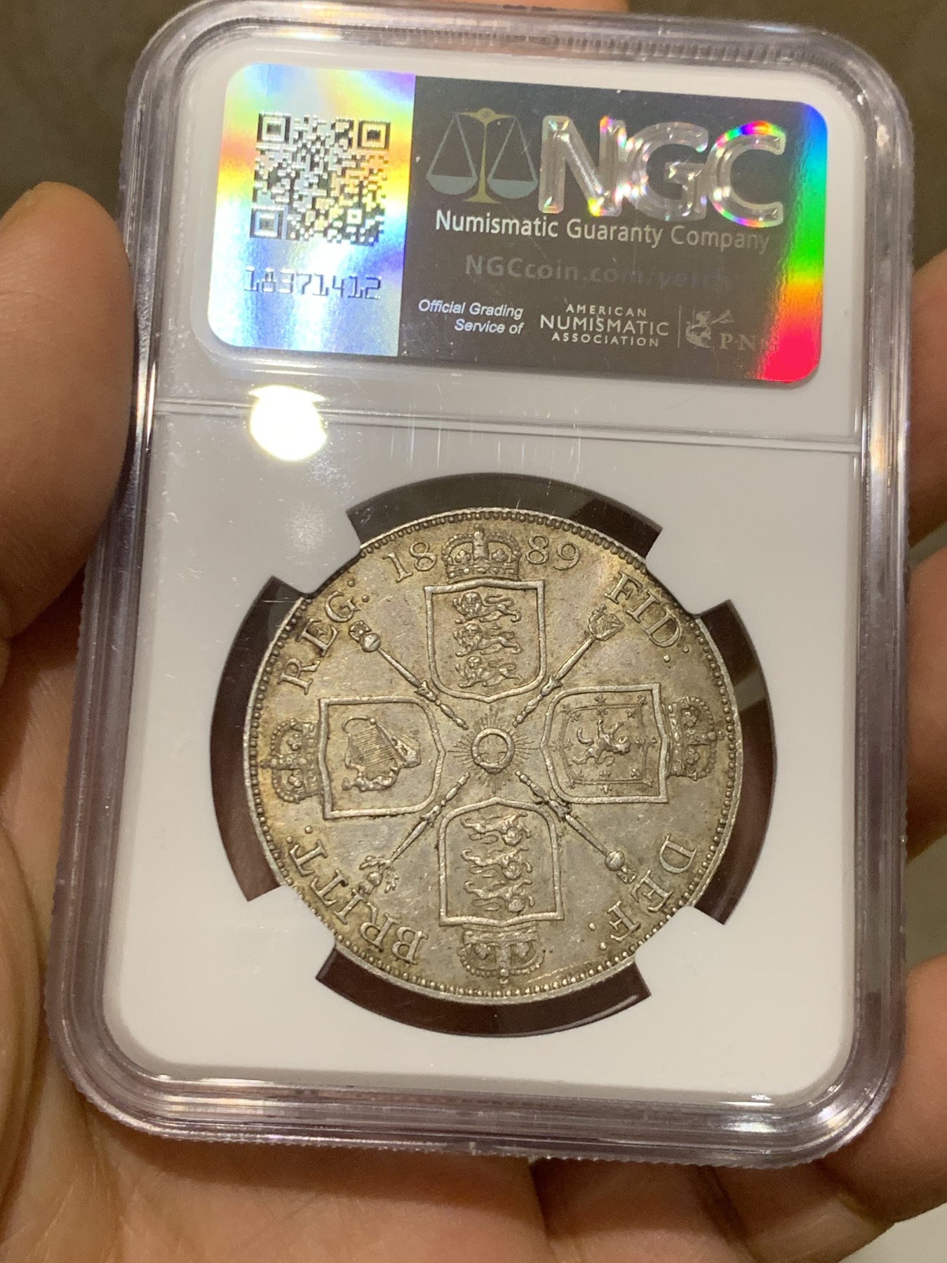 《竞宝斋》第225场-周日，周一，周二 3场 (全场包邮) NGC-MS61 1889年英国维多利亚女王双福林银币