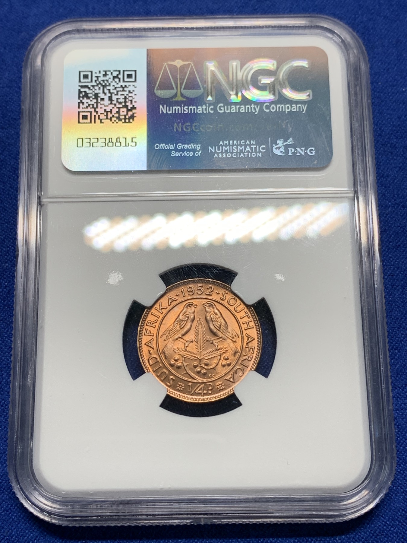 《竞宝斋》第225场-周日，周一，周二 3场 (全场包邮) NGC-MS65 乔六1952年英属南非1/4P铜币，光度好收藏一步到位