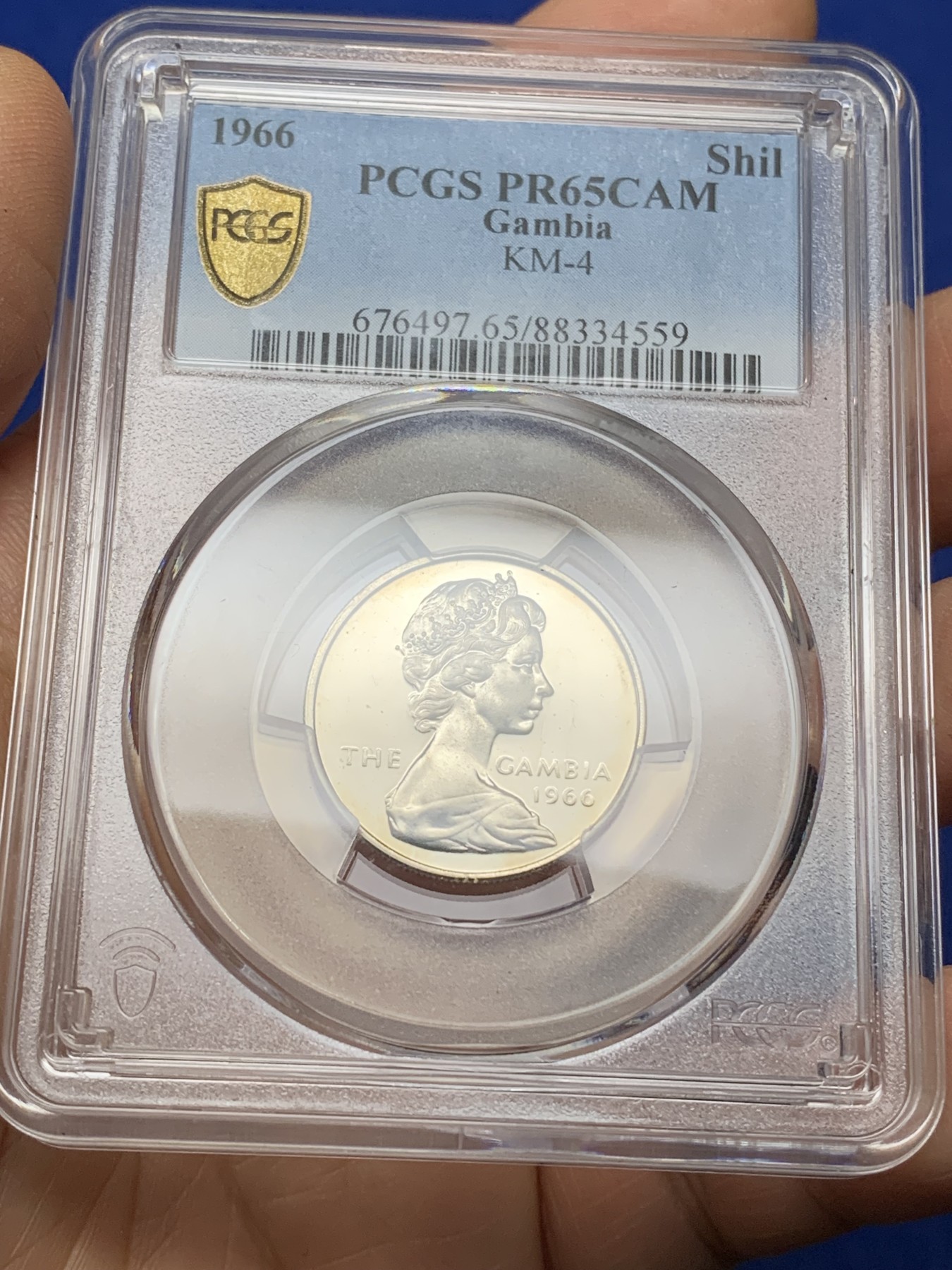 《竞宝斋》第225场-周日，周一，周二 3场 (全场包邮) PCGS金盾 PR65DCAM 冈比亚1966年棕榈树1先令精制镍币