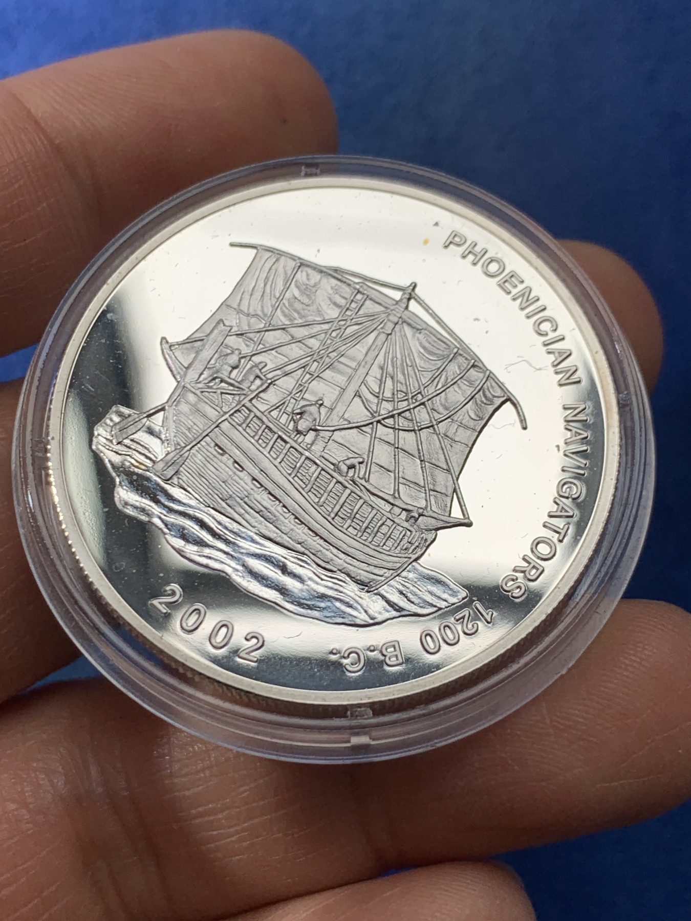 《竞宝斋》第225场-周日，周一，周二 3场 (全场包邮) 加纳臆造币2002年腓尼基航海家500西卡银币 24.93克