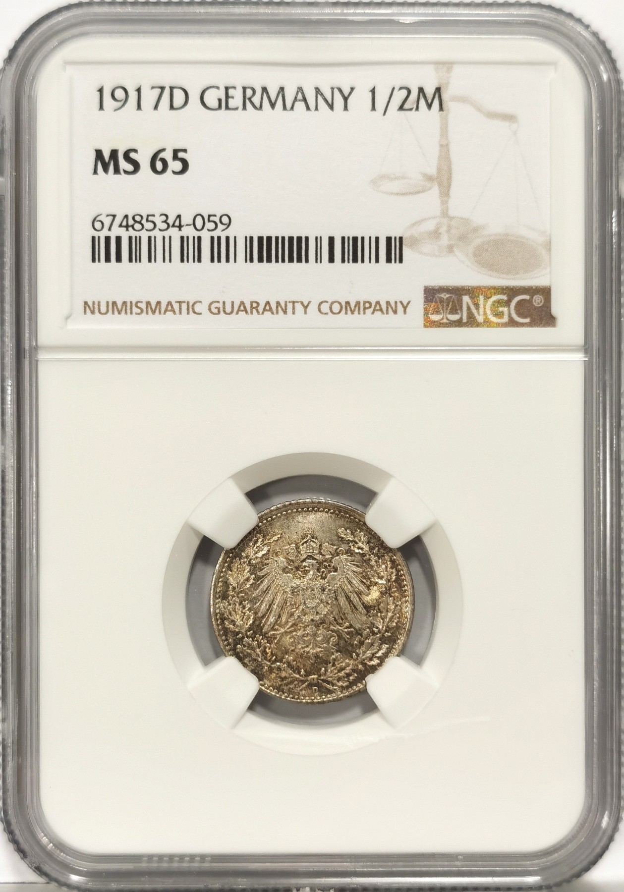 博洋堂世界钱币拍卖第057期（全场包邮） NGC MS65 德国第二帝国1917年D版1/2马克银币