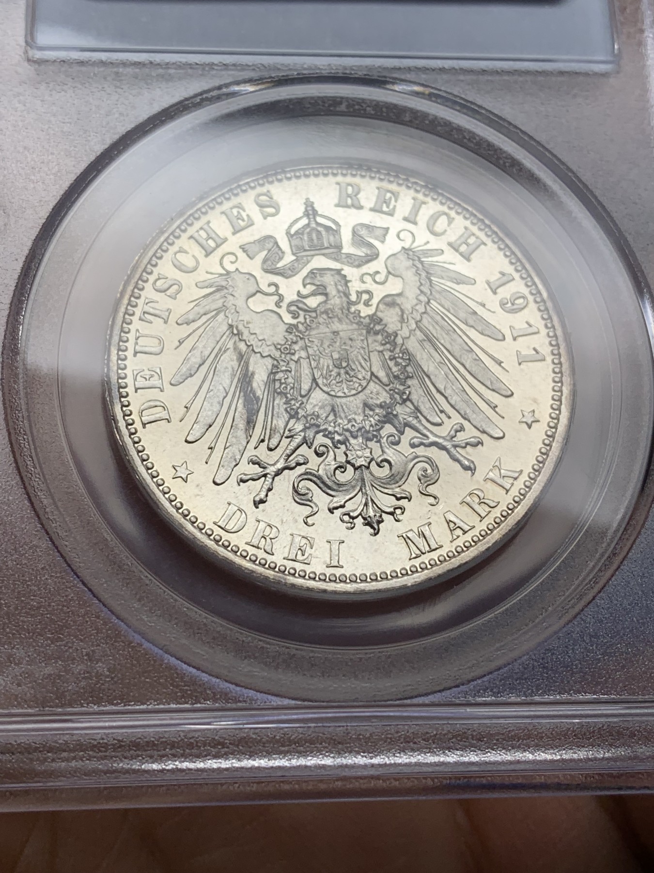 《竞宝斋》第225场-周日，周一，周二 3场 (全场包邮) PCGS-PR64CAM,德国1911年巴伐利亚纪念利奥波德90诞辰3马克精制银币，老白盒精品