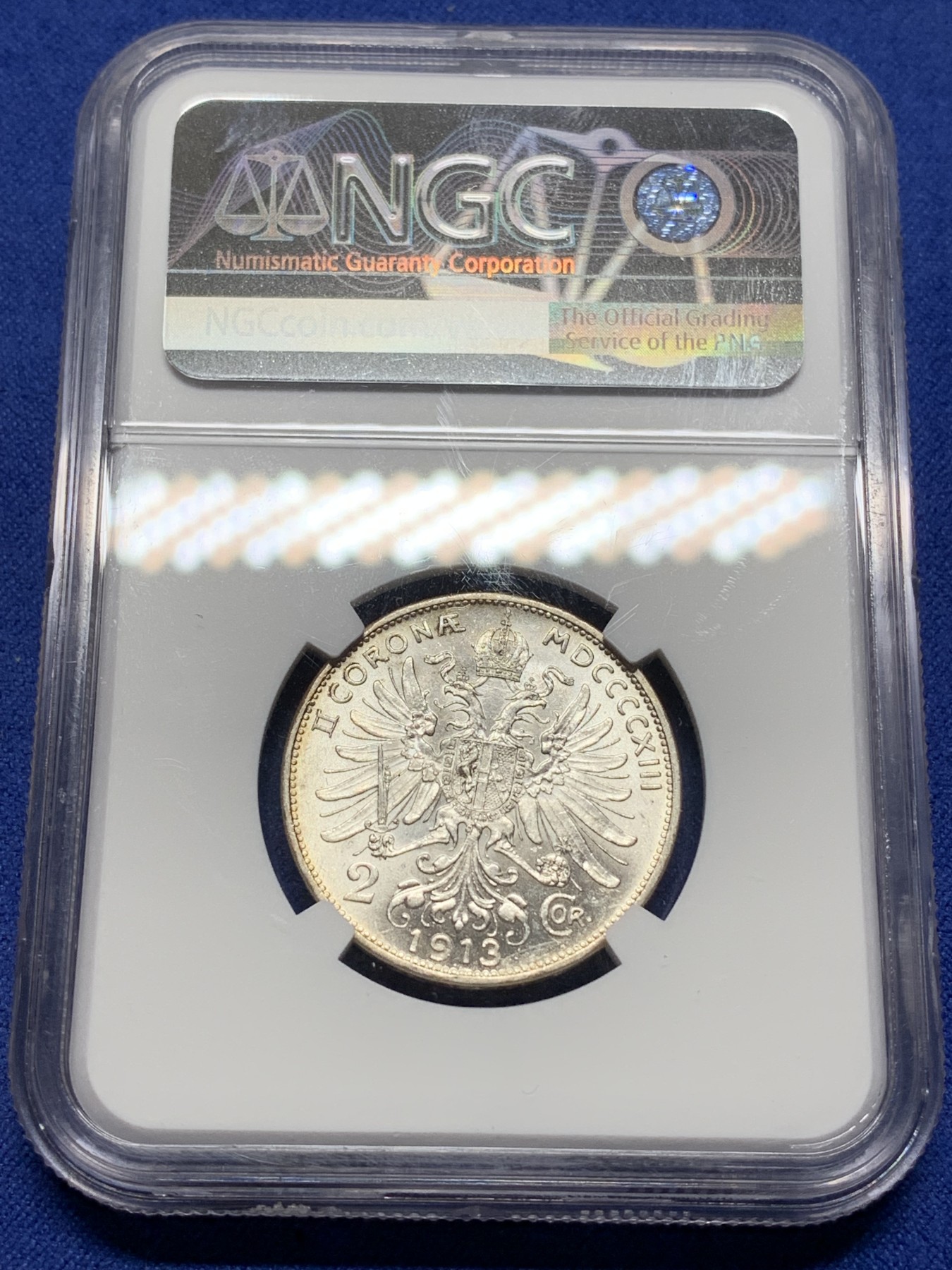 《竞宝斋》第225场-周日，周一，周二 3场 (全场包邮) NGC-MS62 奥匈帝国1913年2克朗银币 转光很好