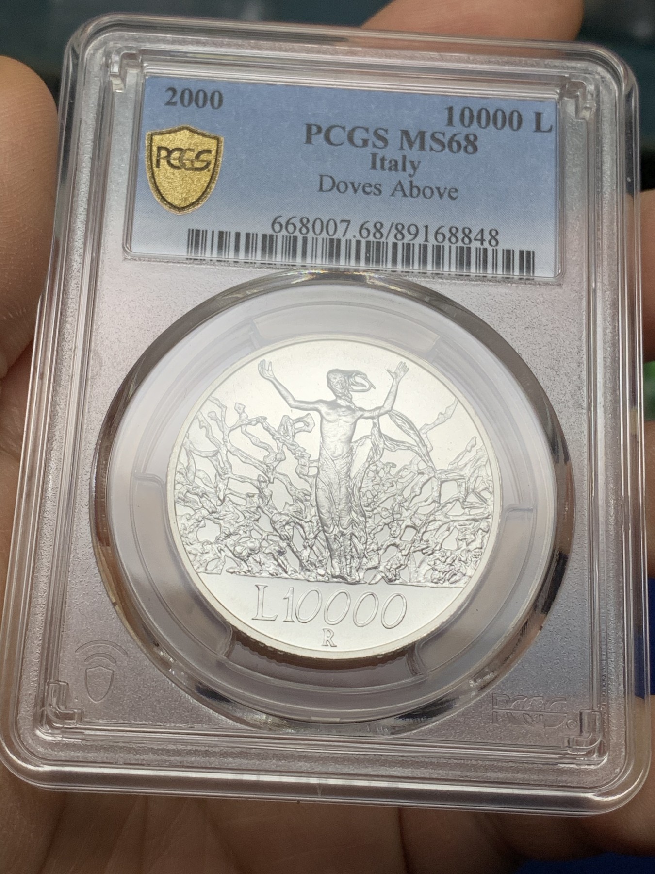 《竞宝斋》第225场-周日，周一，周二 3场 (全场包邮) PCGS-MS68 意大利2000年 10000里拉银币 张开双臂的人