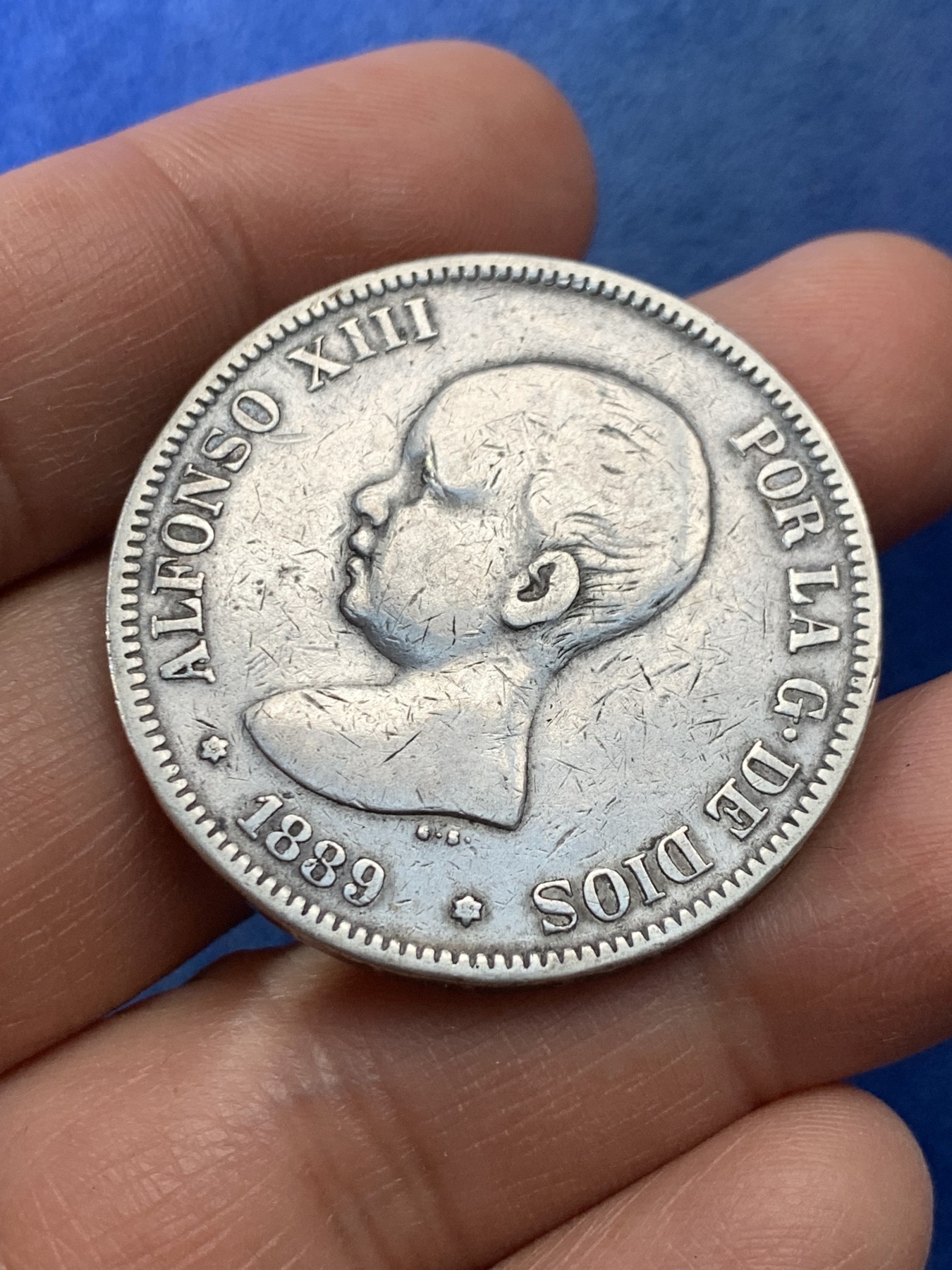 《竞宝斋》第225场-周日，周一，周二 3场 (全场包邮) 西班牙1889年阿方索十三世5比塞塔银币