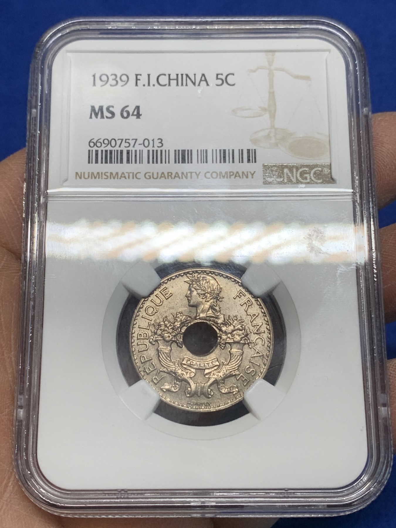 《竞宝斋》第225场-周日，周一，周二 3场 (全场包邮) NGC MS64 法属印度支那1939年5分