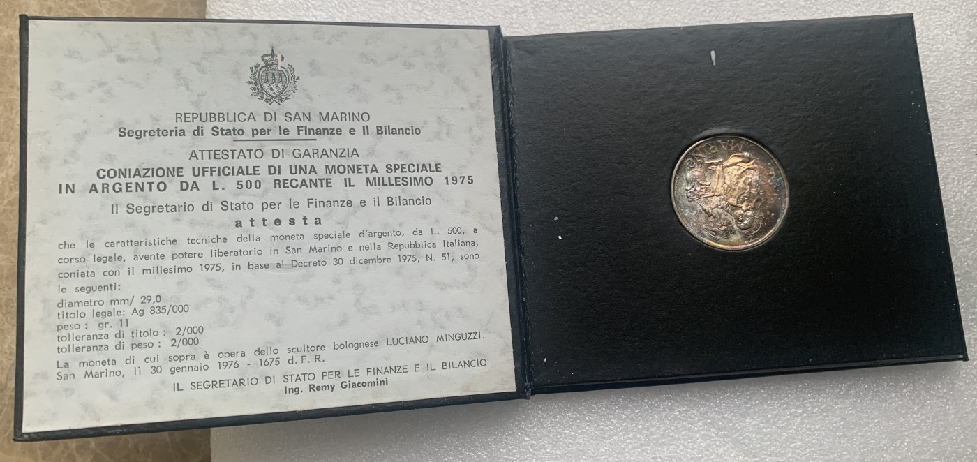 瓶子🏺第122期拍卖会  圣马力诺1975年500里拉银币  五彩原封