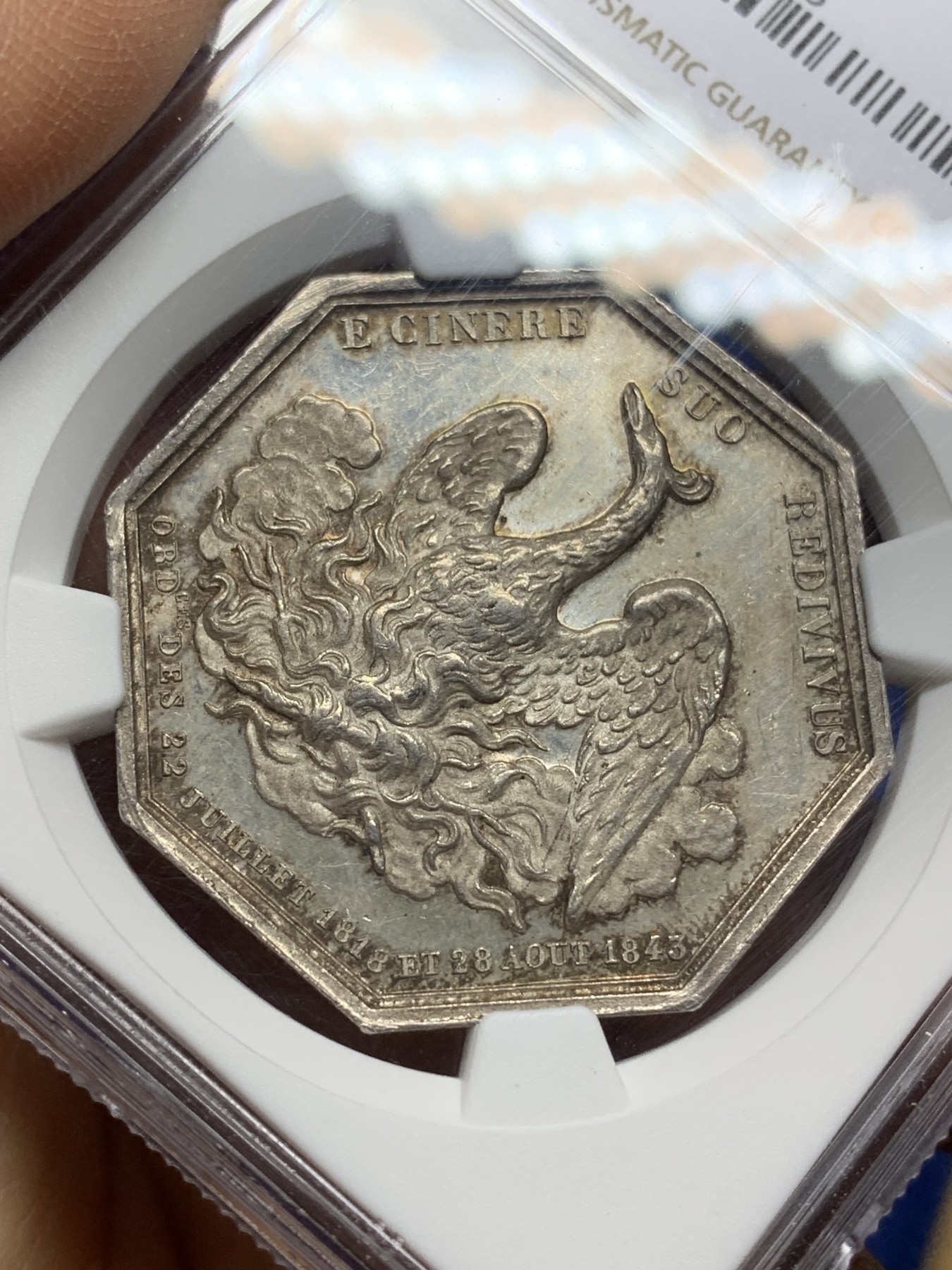 《竞宝斋》第225场-周日，周一，周二 3场 (全场包邮) NGC-MS62 法国1843年 塞纳河仙鹤 大型八角银质JETON 顶级好品