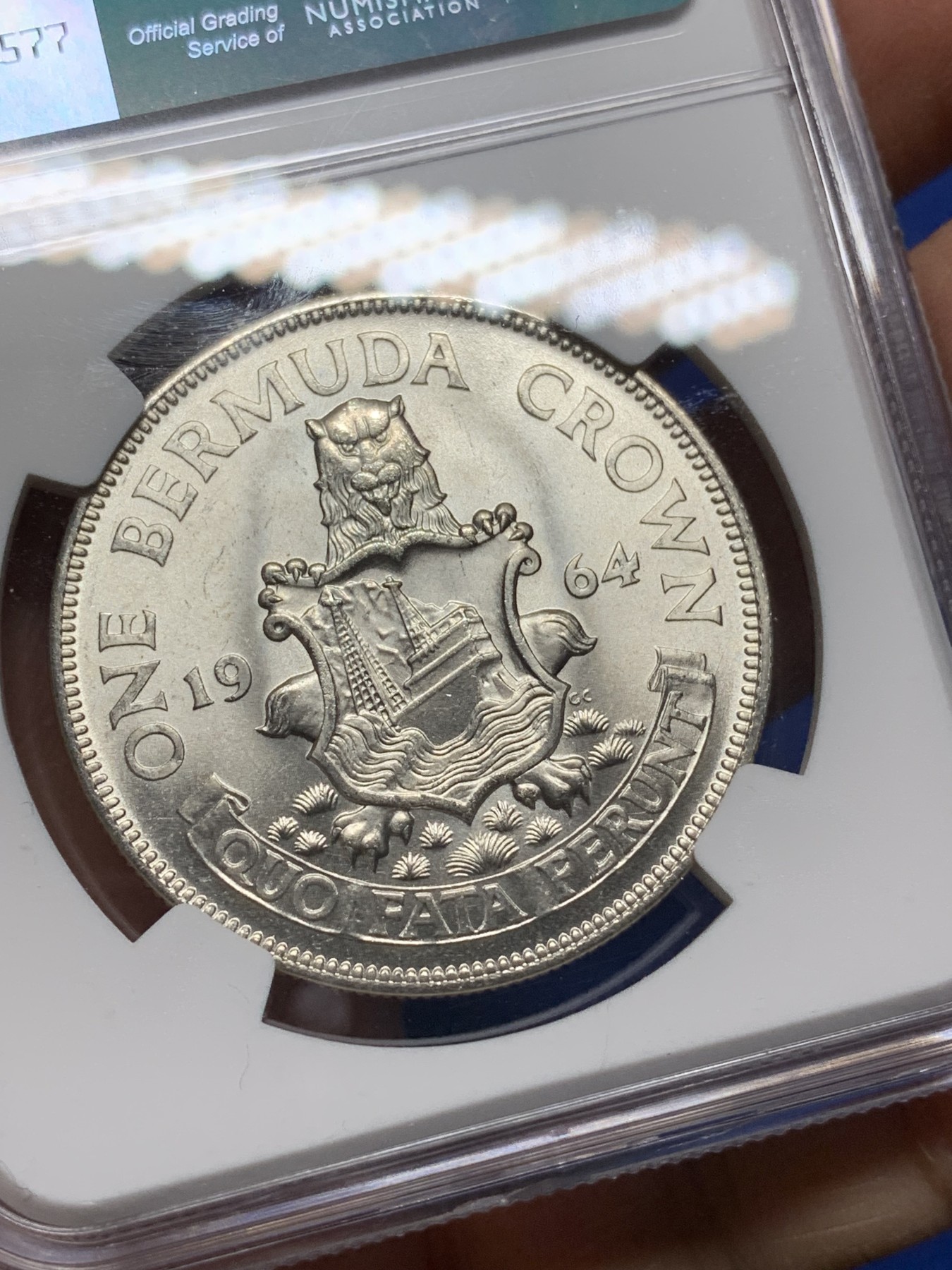 《竞宝斋》第225场-周日，周一，周二 3场 (全场包邮) NGC MS66英属百慕大群岛1964年伊丽莎白二世1克朗大银币 原装卷拆高分 收藏级