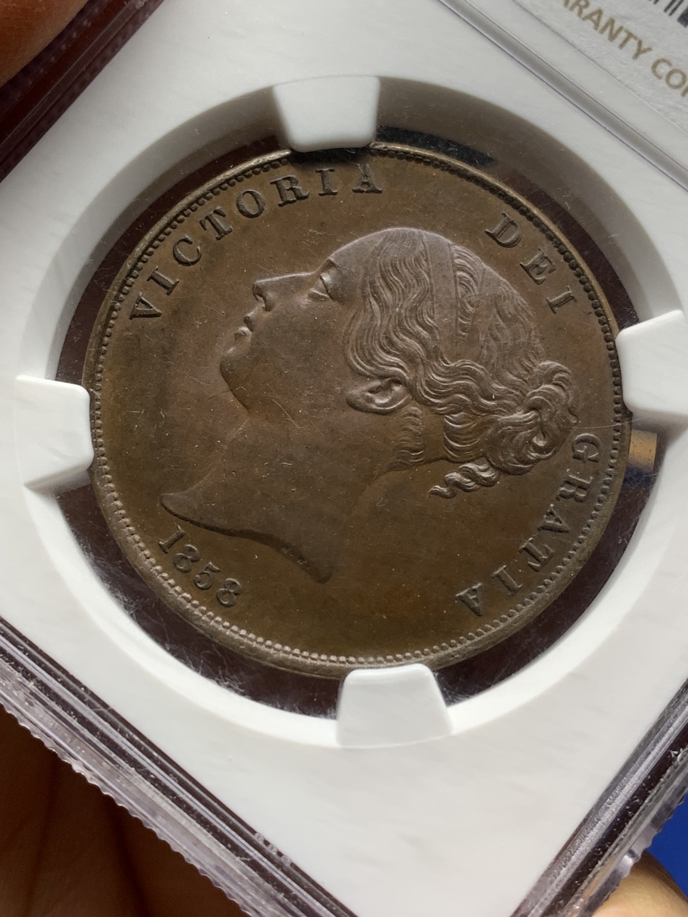 《竞宝斋》第225场-周日，周一，周二 3场 (全场包邮) NGC-MS63 英国 1858年 维多利亚1便士大铜币  巧克力包浆 状态舒服 盒子轻微模糊影响了视觉，实物不错