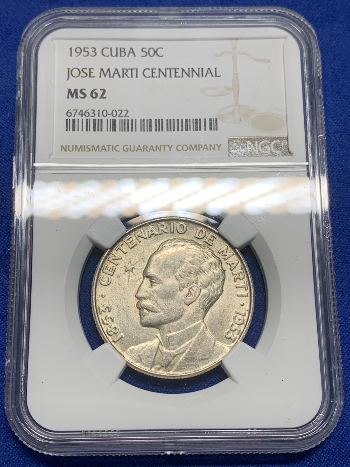 《竞宝斋》第225场-周日，周一，周二 3场 (全场包邮) NGC-MS62 古巴1953年 何塞马丁百年纪念 50分银币 半元少见