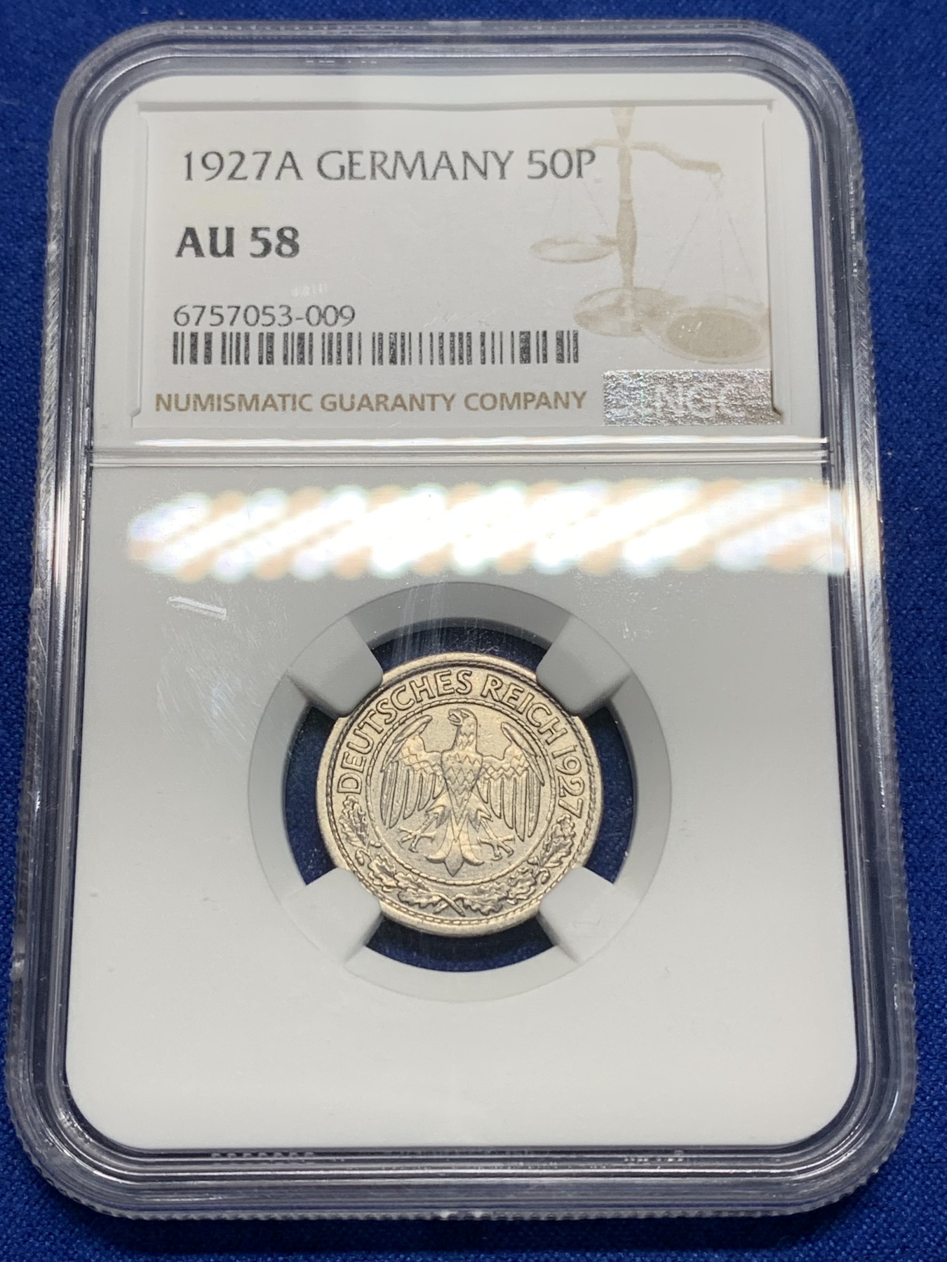 《竞宝斋》第225场-周日，周一，周二 3场 (全场包邮) NGC AU58 1927A 德国50芬尼 比较少见更高分仅4枚