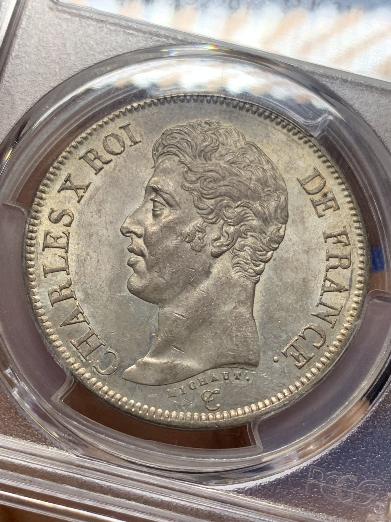 《竞宝斋》第225场-周日，周一，周二 3场 (全场包邮) pcgs MS62 法国 1825年 巴黎厂 查理十世 大字版 5法郎银币 早期查理难得的品种