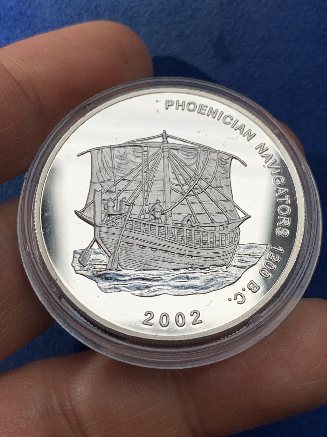 《竞宝斋》第225场-周日，周一，周二 3场 (全场包邮) 加纳臆造币2002年腓尼基航海家500西卡银币 24.93克