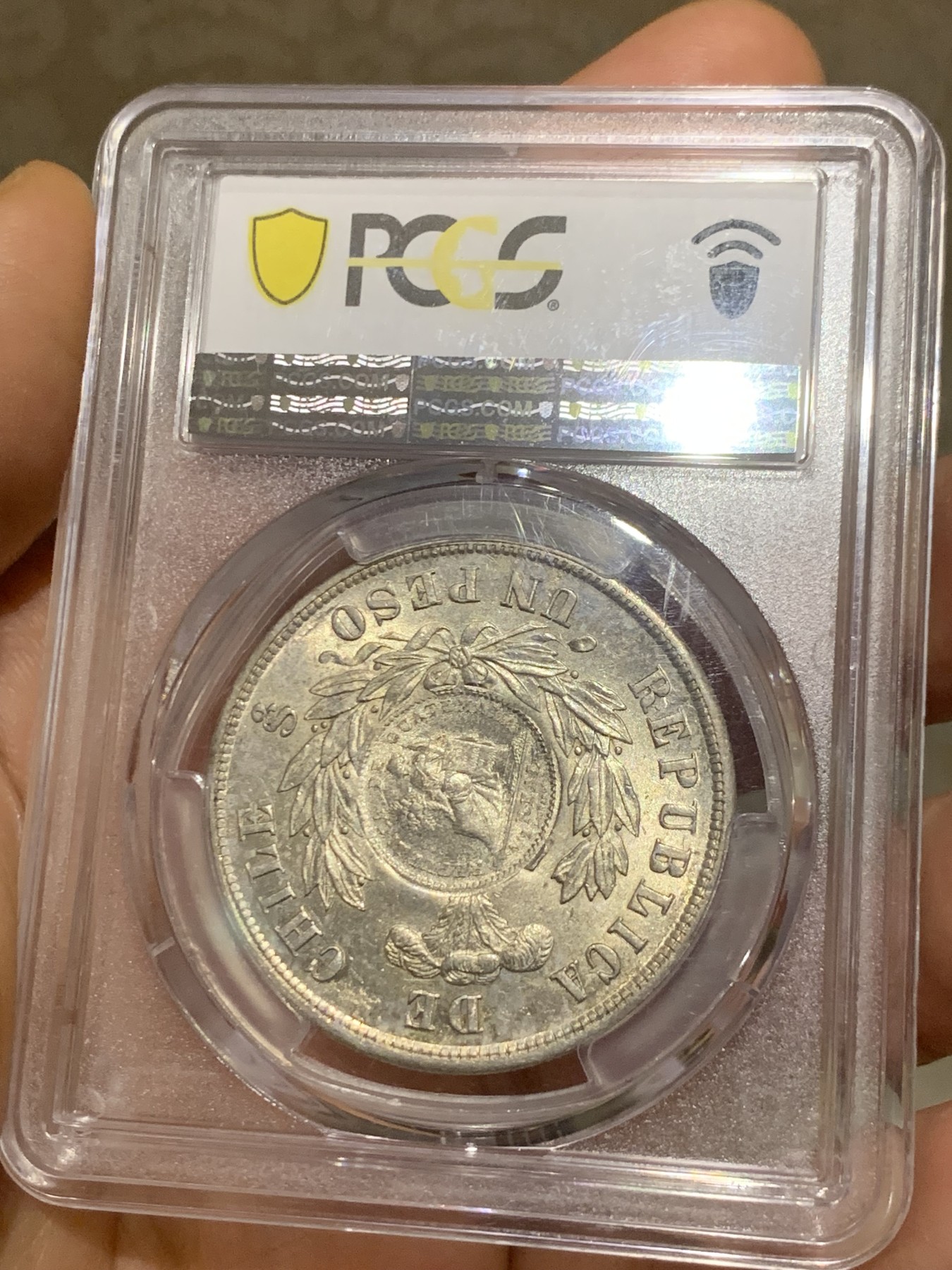 《竞宝斋》第225场-周日，周一，周二 3场 (全场包邮) 冠军分 PCGS-MS62 危地马拉 1894年 加盖 智利比索 热门加盖品种 多为清洗 MS有分较少 光度也非常好 加盖秘鲁常见，智利的少之又少