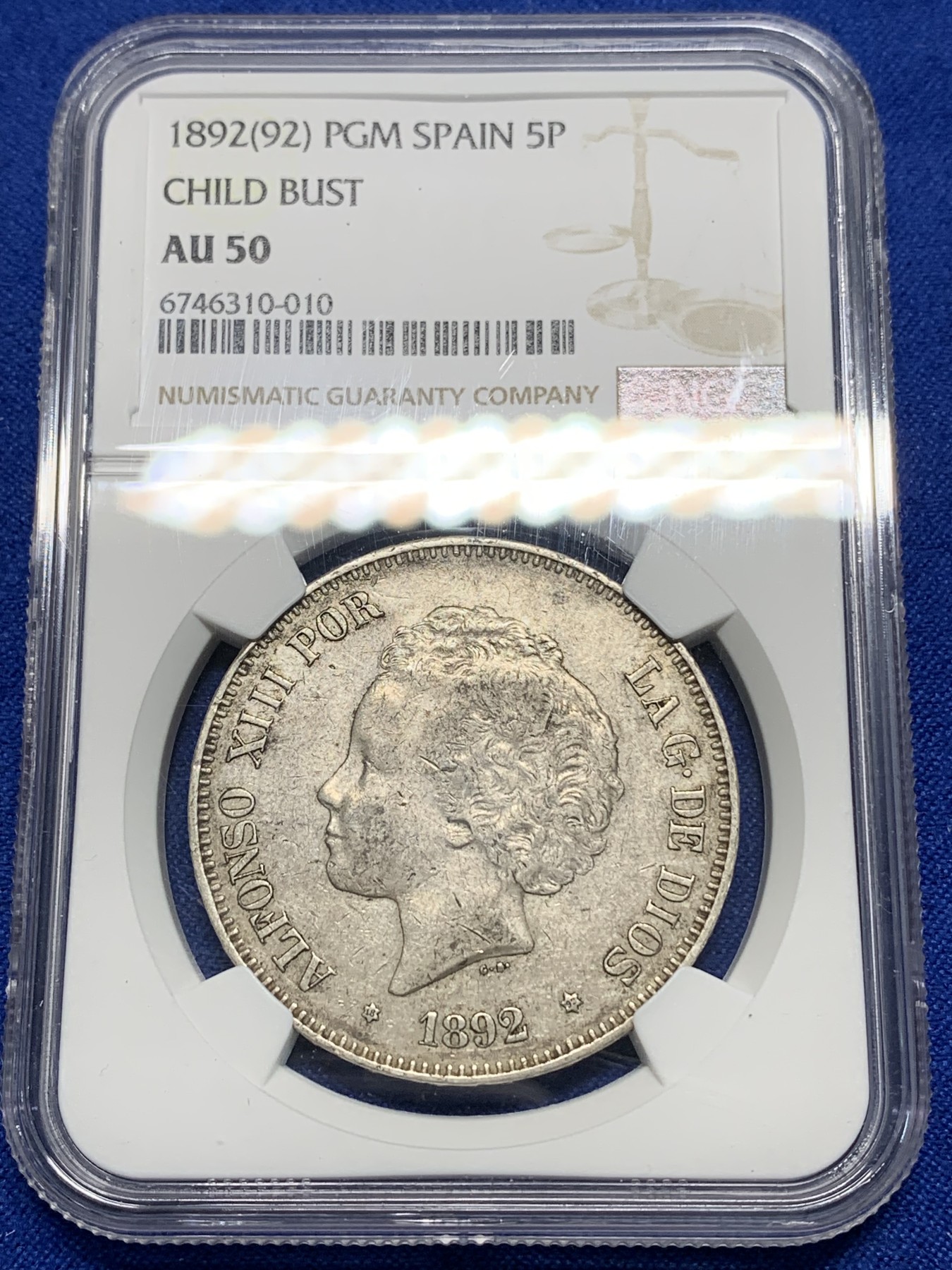 《竞宝斋》第225场-周日，周一，周二 3场 (全场包邮) NGC AU50 西班牙1892年 阿方索十三世爆炸头 5比塞塔双柱大银币