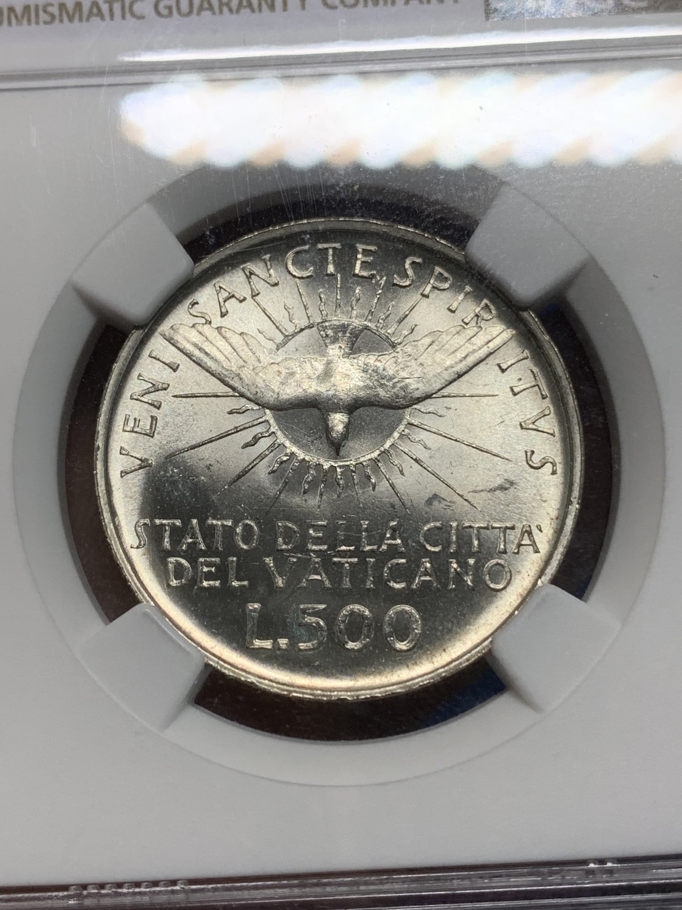 《竞宝斋》第225场-周日，周一，周二 3场 (全场包邮) NGC-MS63 梵蒂冈 1963年 500里拉教皇缺位银币 转光明显