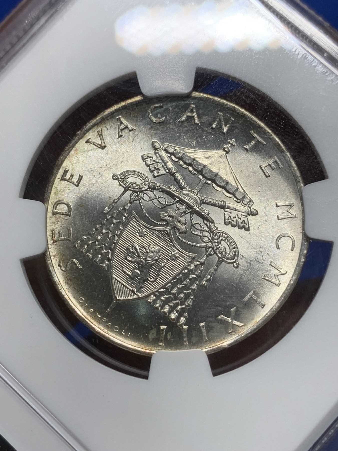 《竞宝斋》第225场-周日，周一，周二 3场 (全场包邮) NGC-MS63 梵蒂冈 1963年 500里拉教皇缺位银币 转光明显