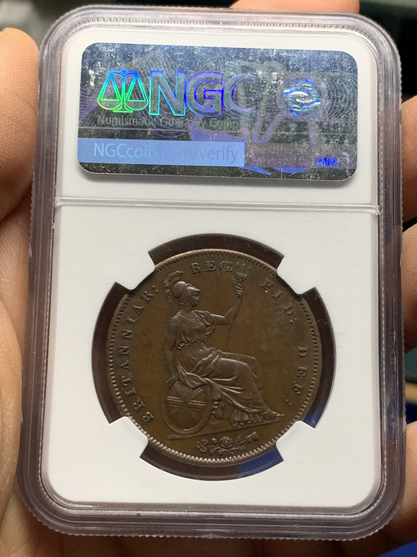 《竞宝斋》第225场-周日，周一，周二 3场 (全场包邮) NGC-MS63 英国 1858年 维多利亚1便士大铜币  巧克力包浆 状态舒服 盒子轻微模糊影响了视觉，实物不错