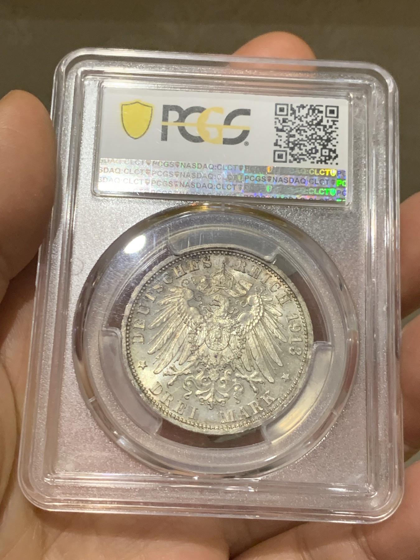 《竞宝斋》第225场-周日，周一，周二 3场 (全场包邮) PCGS-MS65 德意志帝国普鲁士王国1913年威廉二世军装3马克银币，好彩，高分好状态。