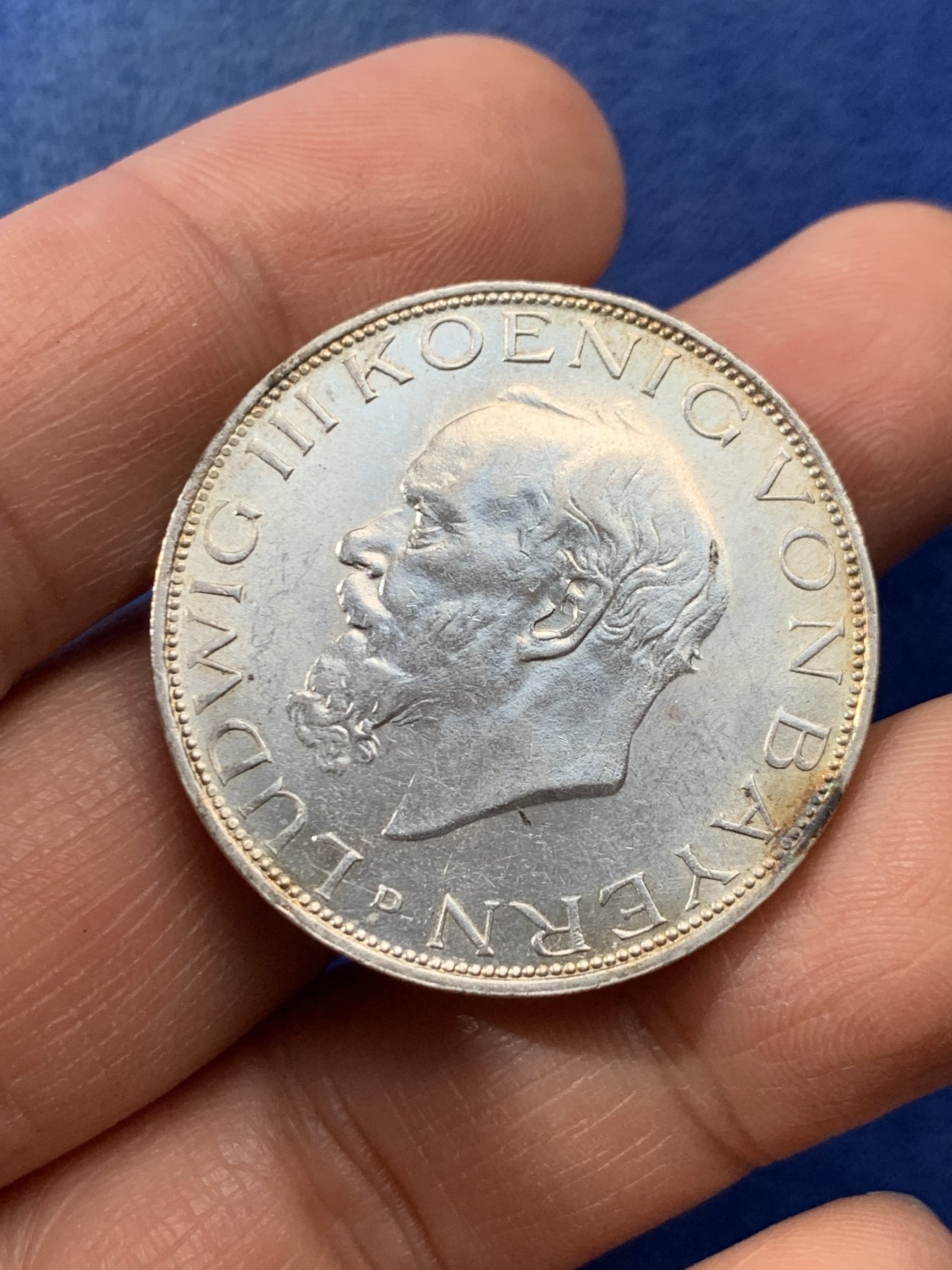 《竞宝斋》第225场-周日，周一，周二 3场 (全场包邮) 德国巴伐利亚路德维希三世3马克银币，原光状态，发行量71.7万枚