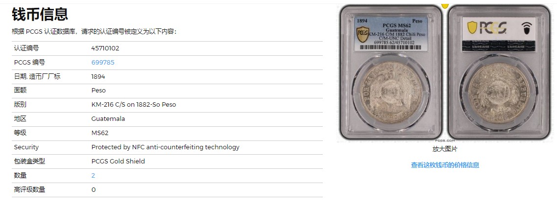 《竞宝斋》第225场-周日，周一，周二 3场 (全场包邮) 冠军分 PCGS-MS62 危地马拉 1894年 加盖 智利比索 热门加盖品种 多为清洗 MS有分较少 光度也非常好 加盖秘鲁常见，智利的少之又少