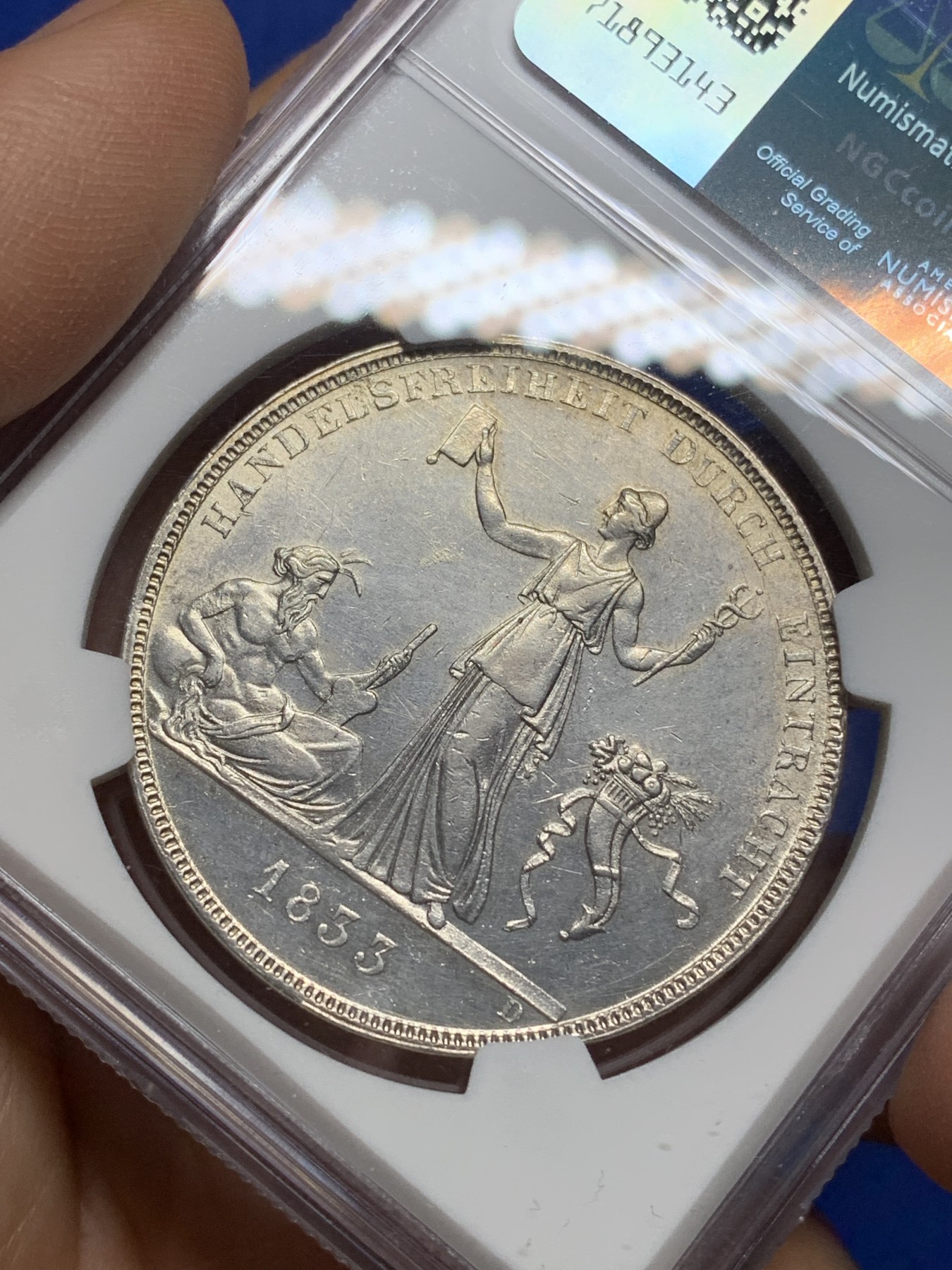 《竞宝斋》第225场-周日，周一，周二 3场 (全场包邮) NGC UNC 德国 1833年 符腾堡 威廉一世 自由贸易流通1泰勒 大银币 重29.49g的早期皇冠泰勒 UNC 性价比好