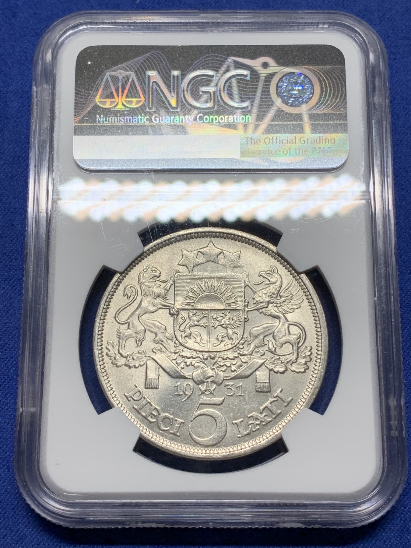 《竞宝斋》第225场-周日，周一，周二 3场 (全场包邮) NGC MS63 拉脱维亚 1931年谷物女神5拉特大银币