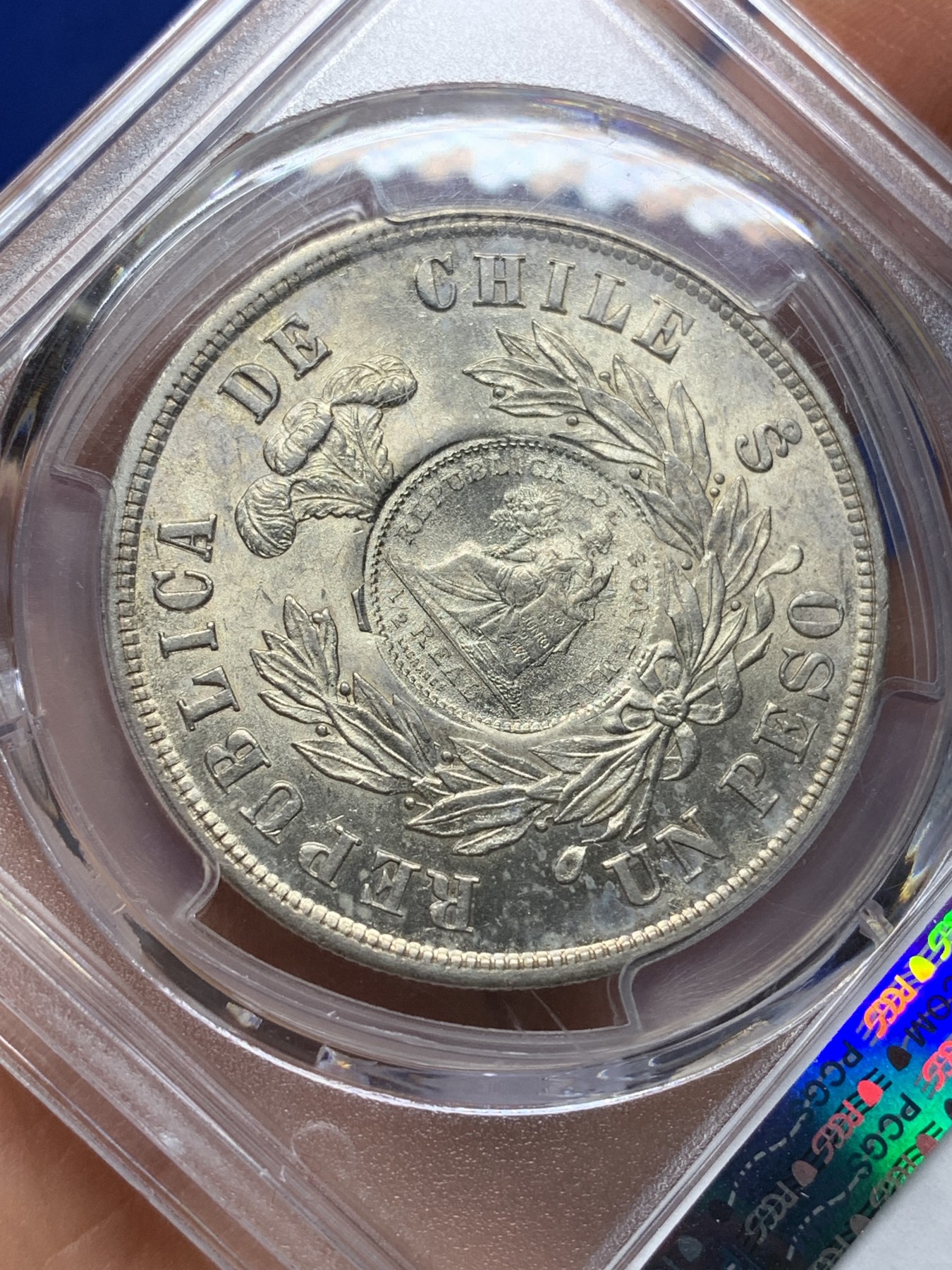 《竞宝斋》第225场-周日，周一，周二 3场 (全场包邮) 冠军分 PCGS-MS62 危地马拉 1894年 加盖 智利比索 热门加盖品种 多为清洗 MS有分较少 光度也非常好 加盖秘鲁常见，智利的少之又少