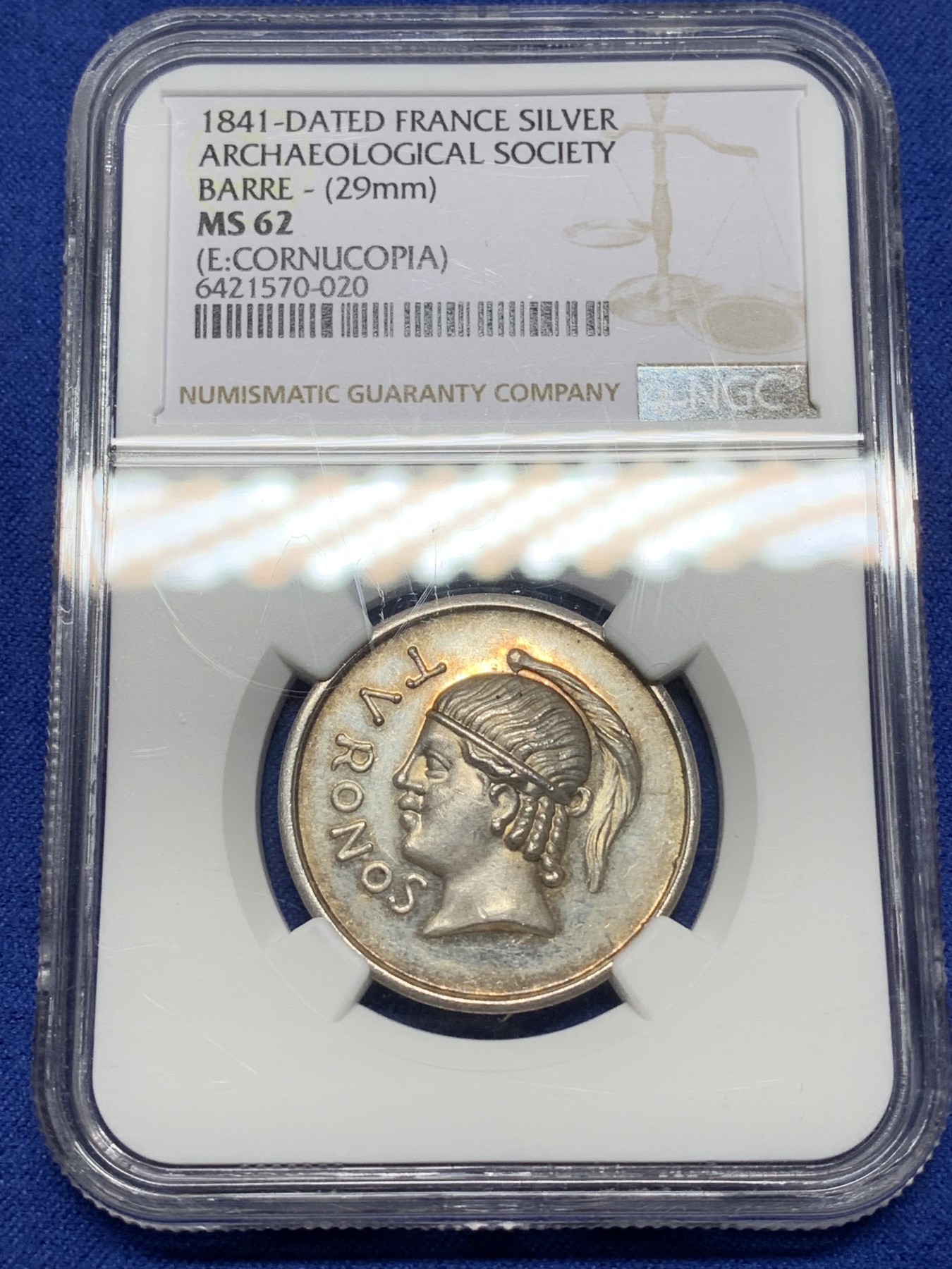 《竞宝斋》第225场-周日，周一，周二 3场 (全场包邮) NGC MS62 1841年法国图尔奈考古协会银章代用币 稀少品种 黄油光彩 品相状态非常好