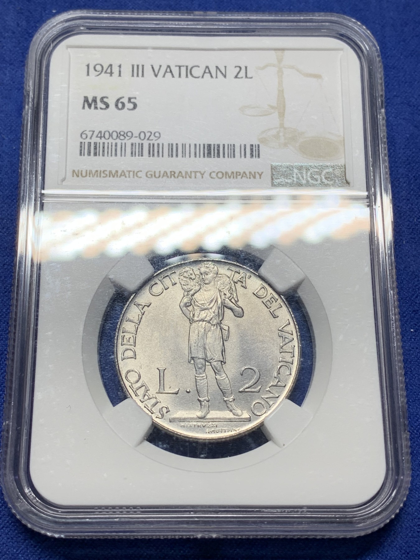 《竞宝斋》第225场-周日，周一，周二 3场 (全场包邮) NGC MS65 梵蒂冈1941年2里拉，高分好品