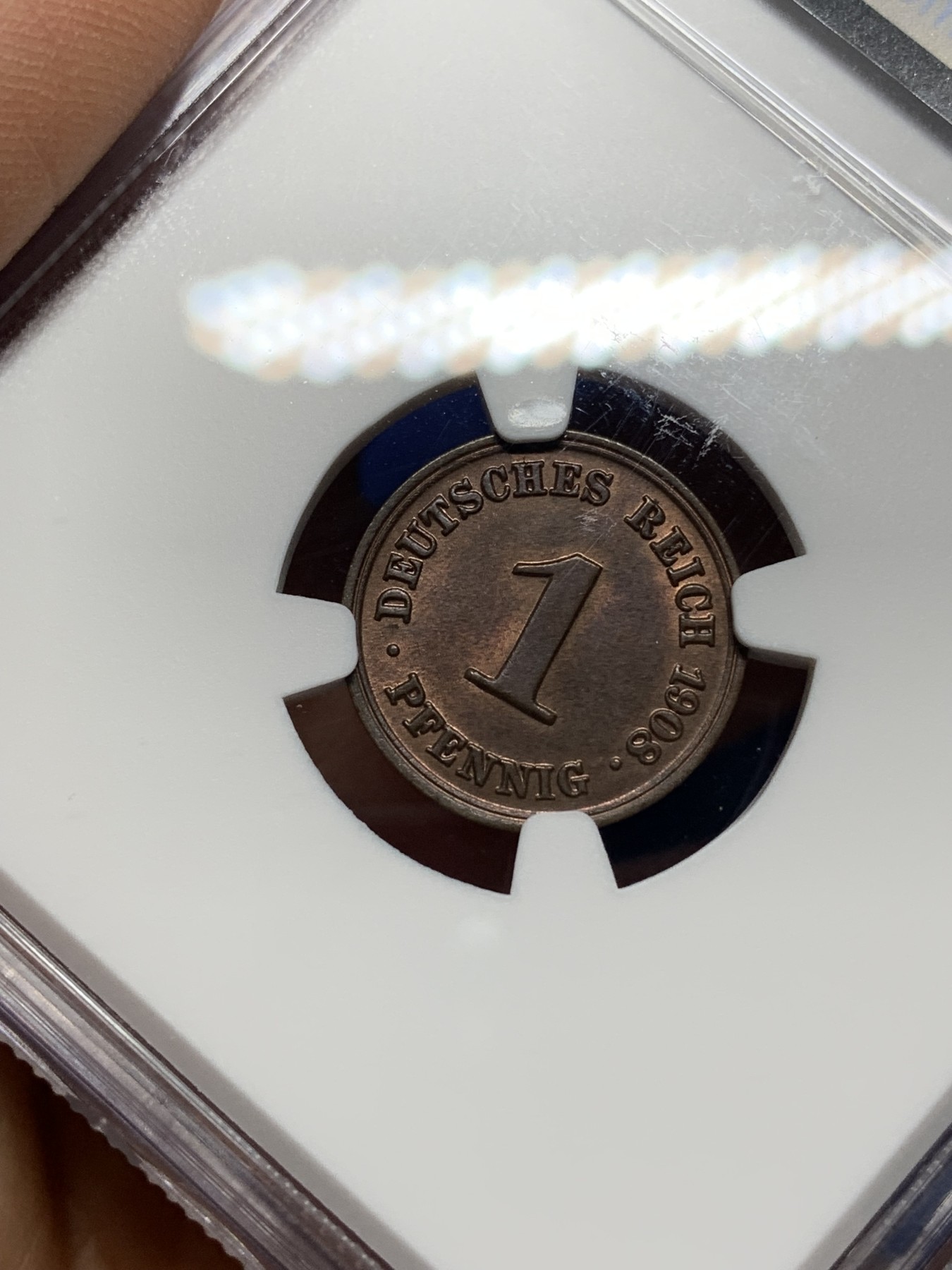 《竞宝斋》第225场-周日，周一，周二 3场 (全场包邮) NGC-MS63BN 德国（1908年）D厂1芬尼铜币 亚军分，少见厂别好品