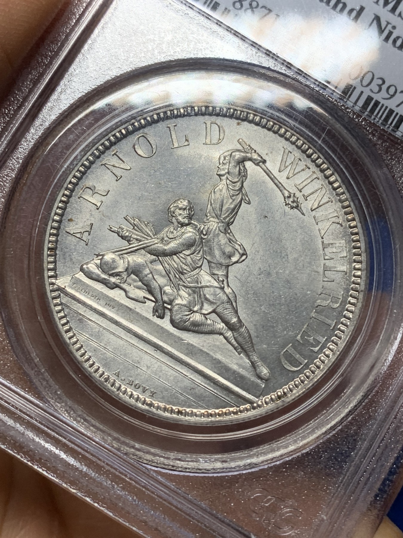 《竞宝斋》第225场-周日，周一，周二 3场 (全场包邮) PCGS MS62 1861年瑞士尼瓦尔登射击节5法郎，发行量仅6000枚，高点俱在，底板佳，老白盒严评，老藏家旧藏，这枚射击节法郎品种上MS非常难得