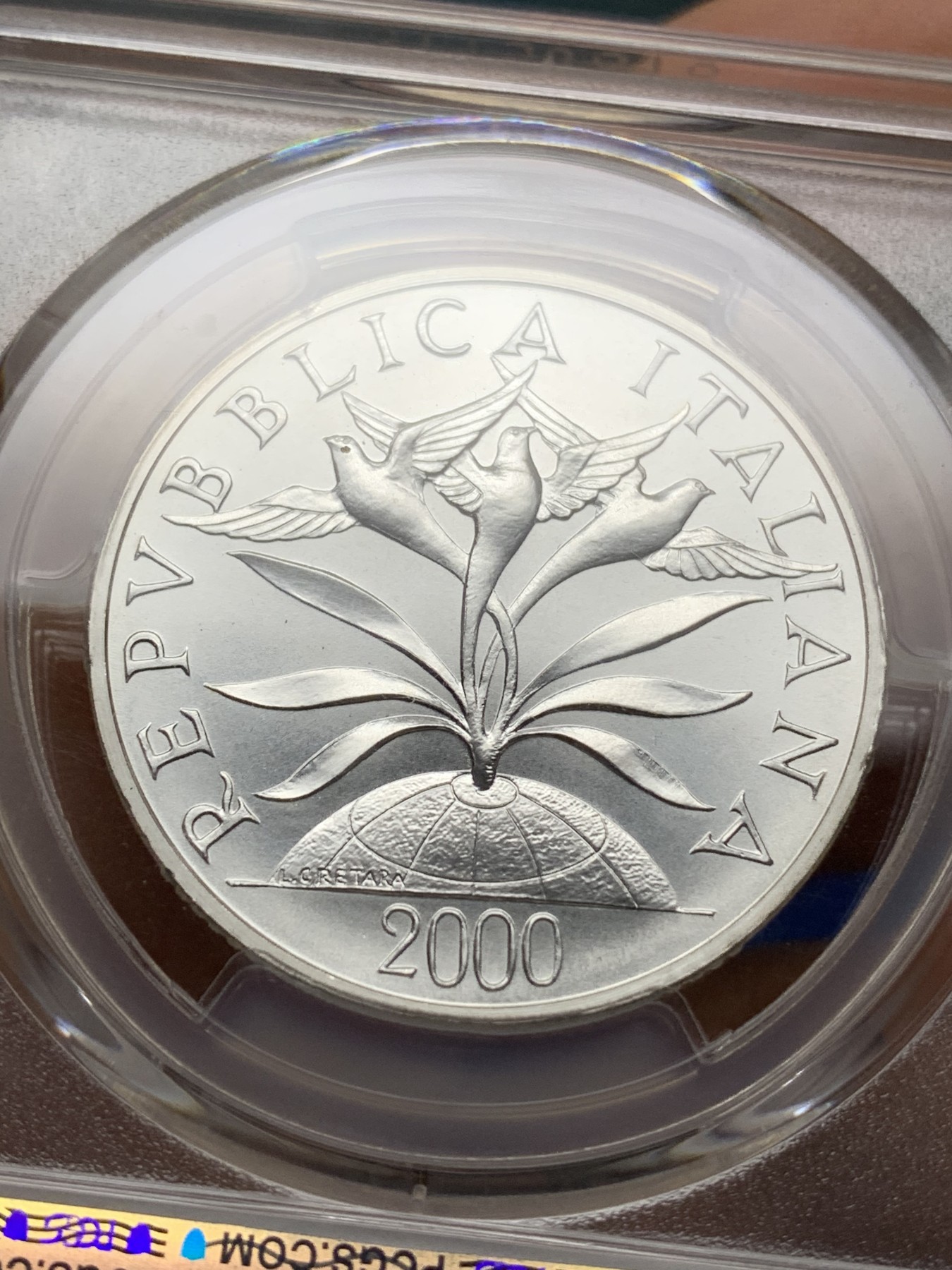 《竞宝斋》第225场-周日，周一，周二 3场 (全场包邮) PCGS-MS68 意大利2000年 10000里拉银币 张开双臂的人