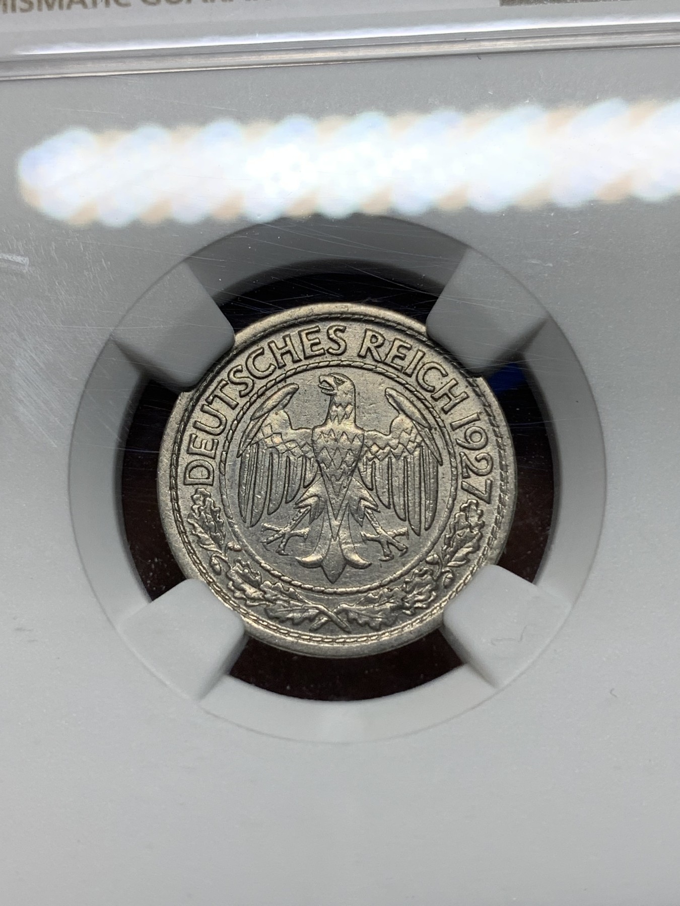 《竞宝斋》第225场-周日，周一，周二 3场 (全场包邮) NGC AU58 1927A 德国50芬尼 比较少见更高分仅4枚