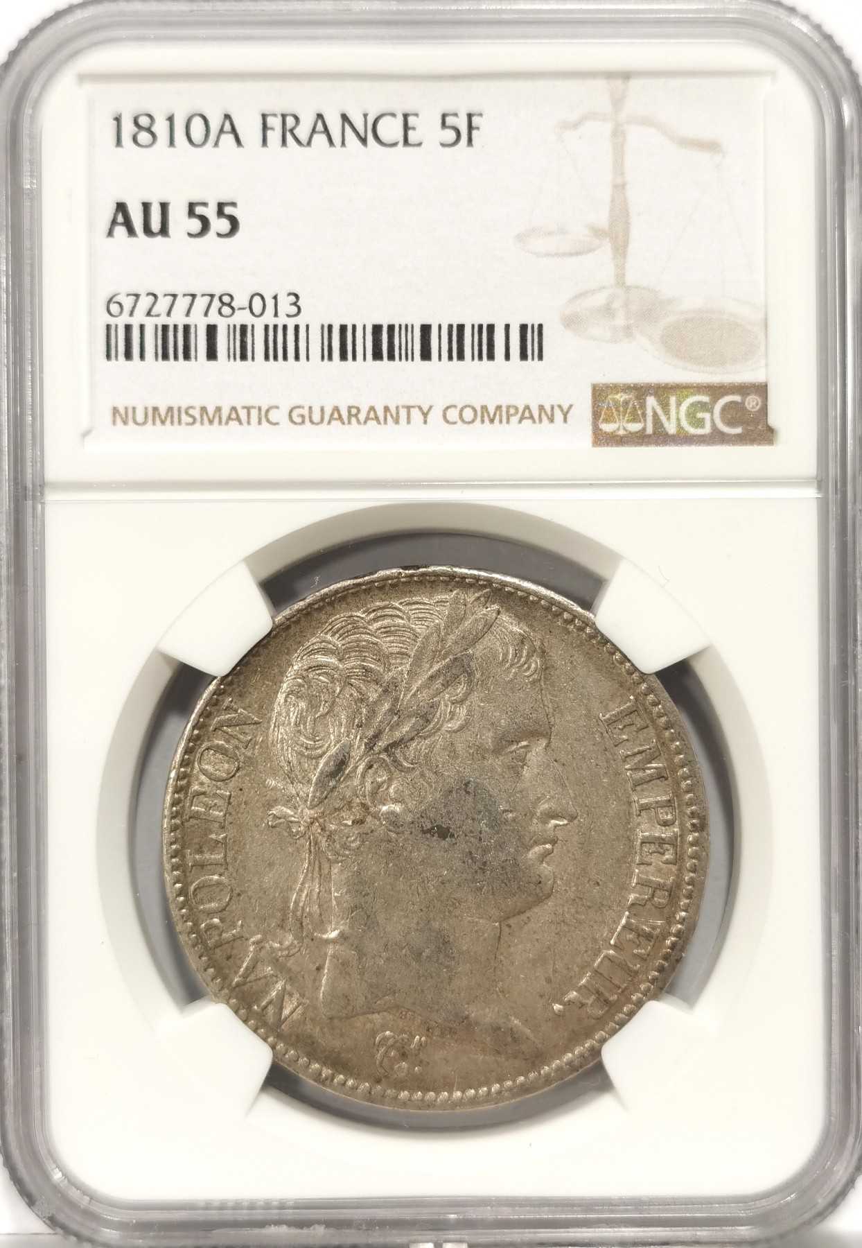 博洋堂世界钱币拍卖第057期（全场包邮） NGC AU55 1810年法国拿破仑5法郎 不是常见的1811年，这个比1811少多了，包浆醇厚，原味无洗
