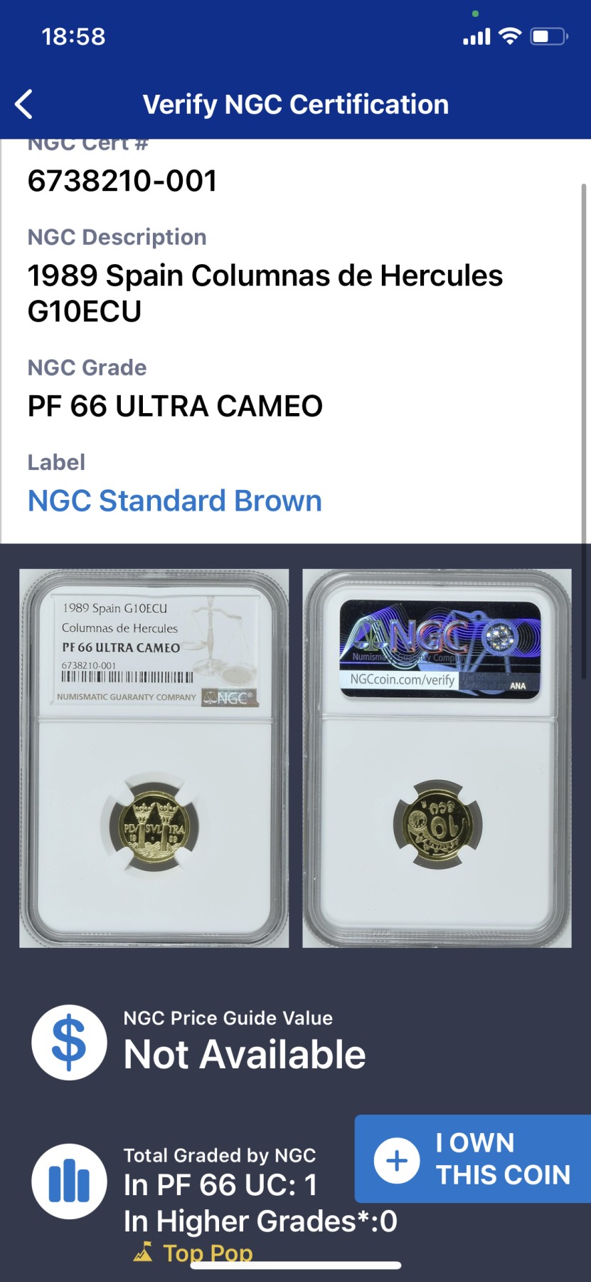 《竞宝斋》第225场-周日，周一，周二 3场 (全场包邮) NGC-PF66UC西班牙1989年10艾古金币 重3.45克900金 少见极品唯一冠军分