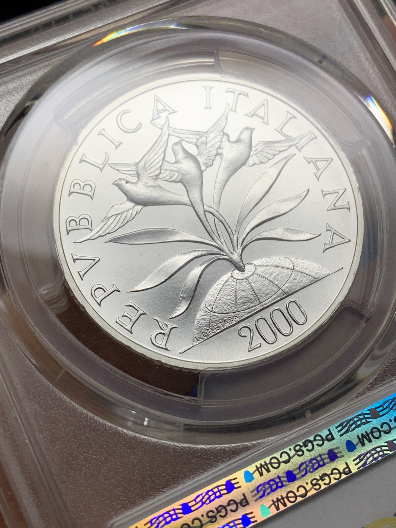 《竞宝斋》第225场-周日，周一，周二 3场 (全场包邮) PCGS-MS68 意大利2000年 10000里拉银币 张开双臂的人