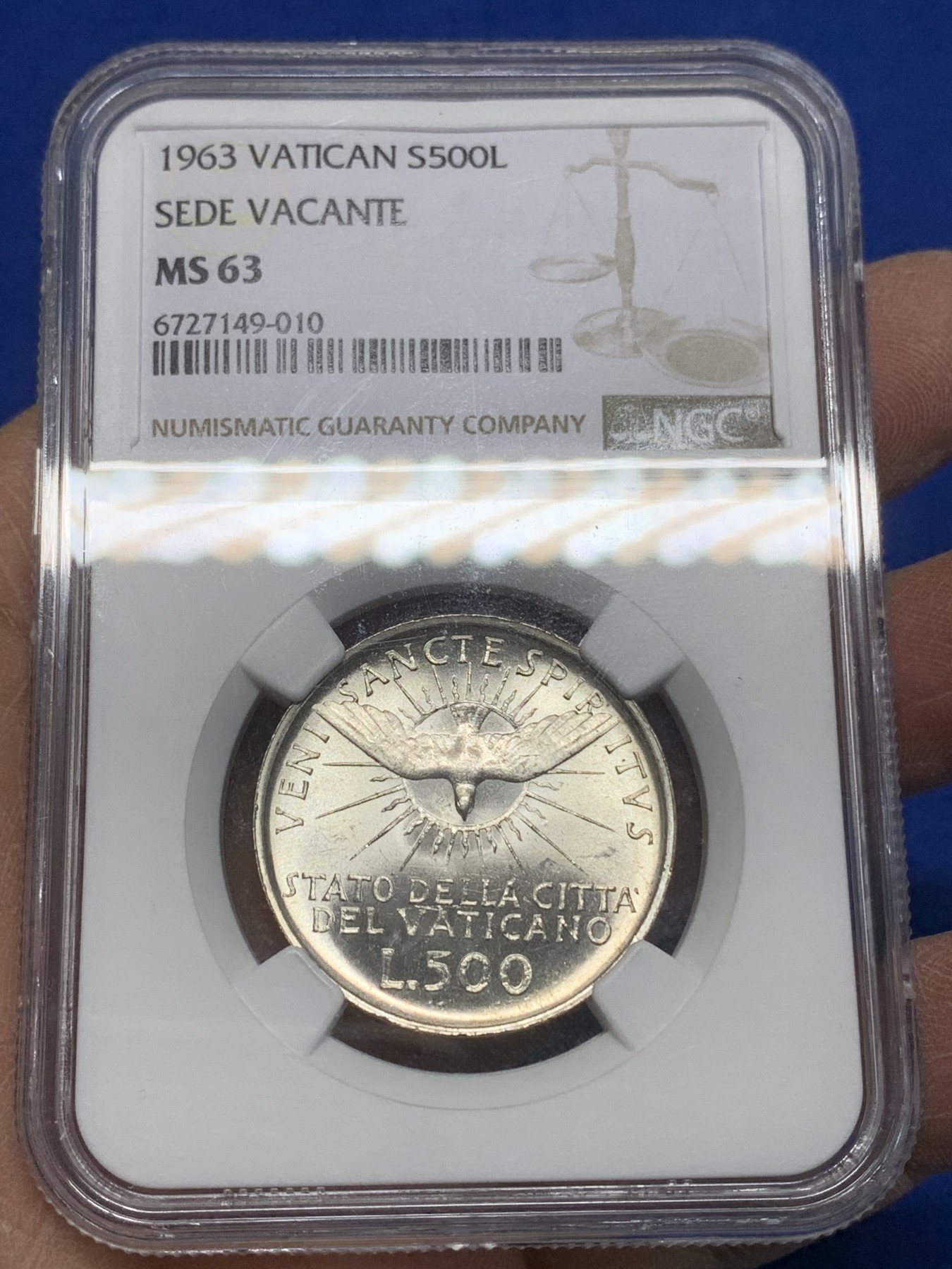 《竞宝斋》第225场-周日，周一，周二 3场 (全场包邮) NGC-MS63 梵蒂冈 1963年 500里拉教皇缺位银币 转光明显