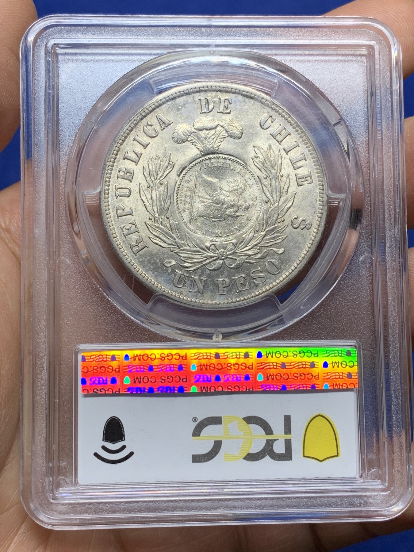 《竞宝斋》第225场-周日，周一，周二 3场 (全场包邮) 冠军分 PCGS-MS62 危地马拉 1894年 加盖 智利比索 热门加盖品种 多为清洗 MS有分较少 光度也非常好 加盖秘鲁常见，智利的少之又少