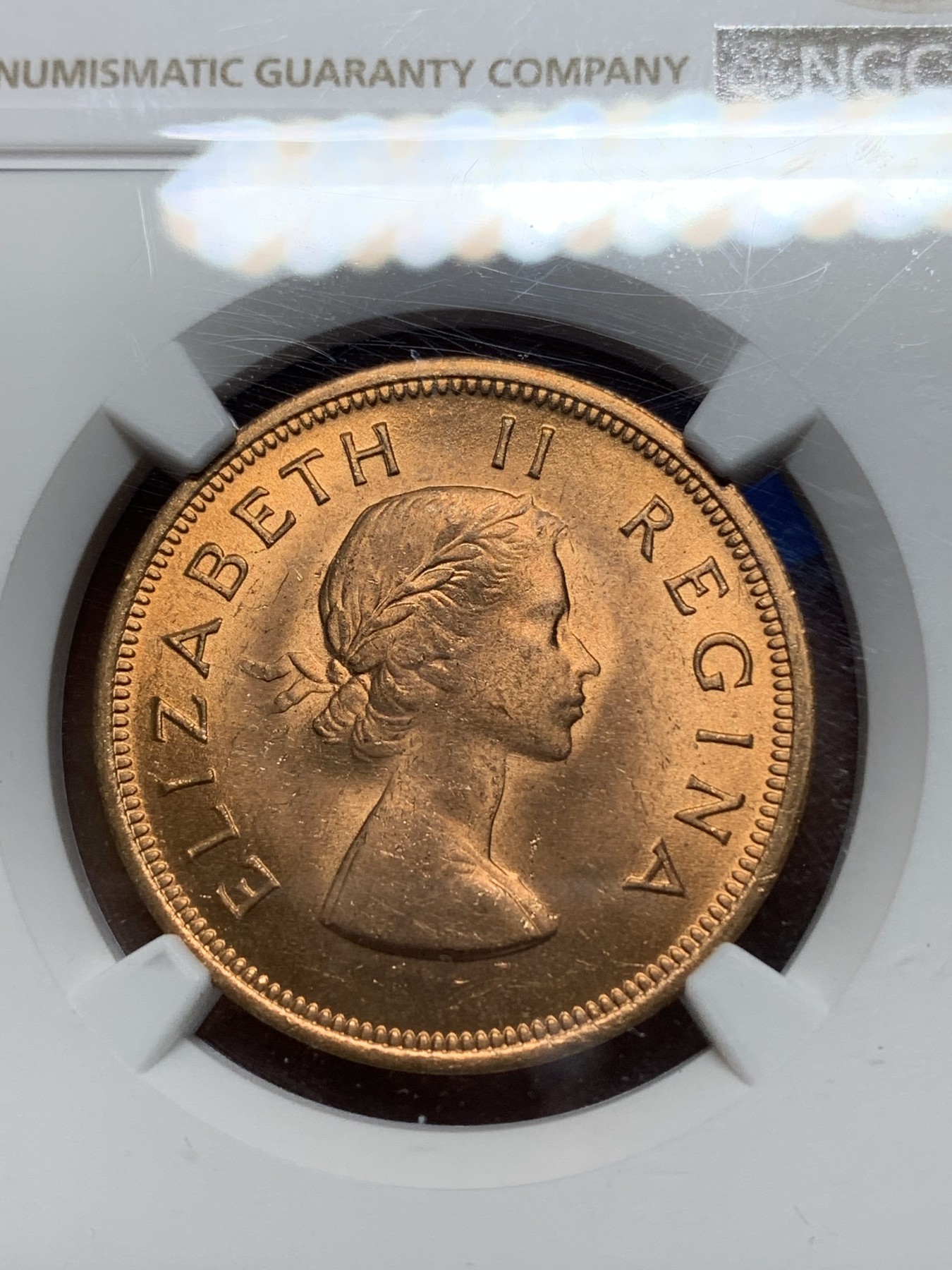 《竞宝斋》第225场-周日，周一，周二 3场 (全场包邮) NGC-MS64 伊丽莎白二世1959年英属南非1便士铜币，光度好收藏一步到位