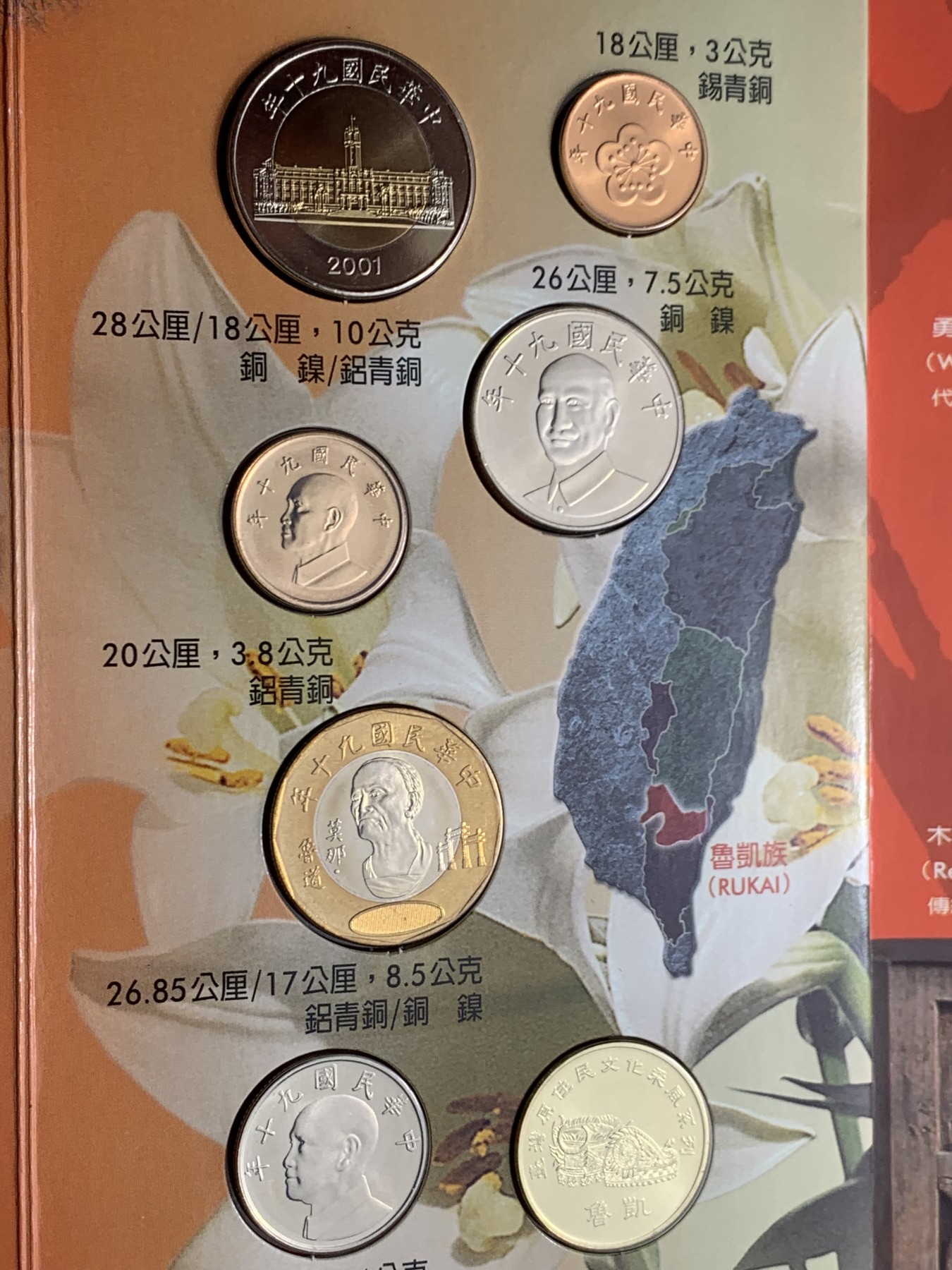 《竞宝斋》第225场-周日，周一，周二 3场 (全场包邮) 台湾省原住民套币 鲁凯族 伍角 伍元 为未流通年份 含鲁凯文化主题章牌