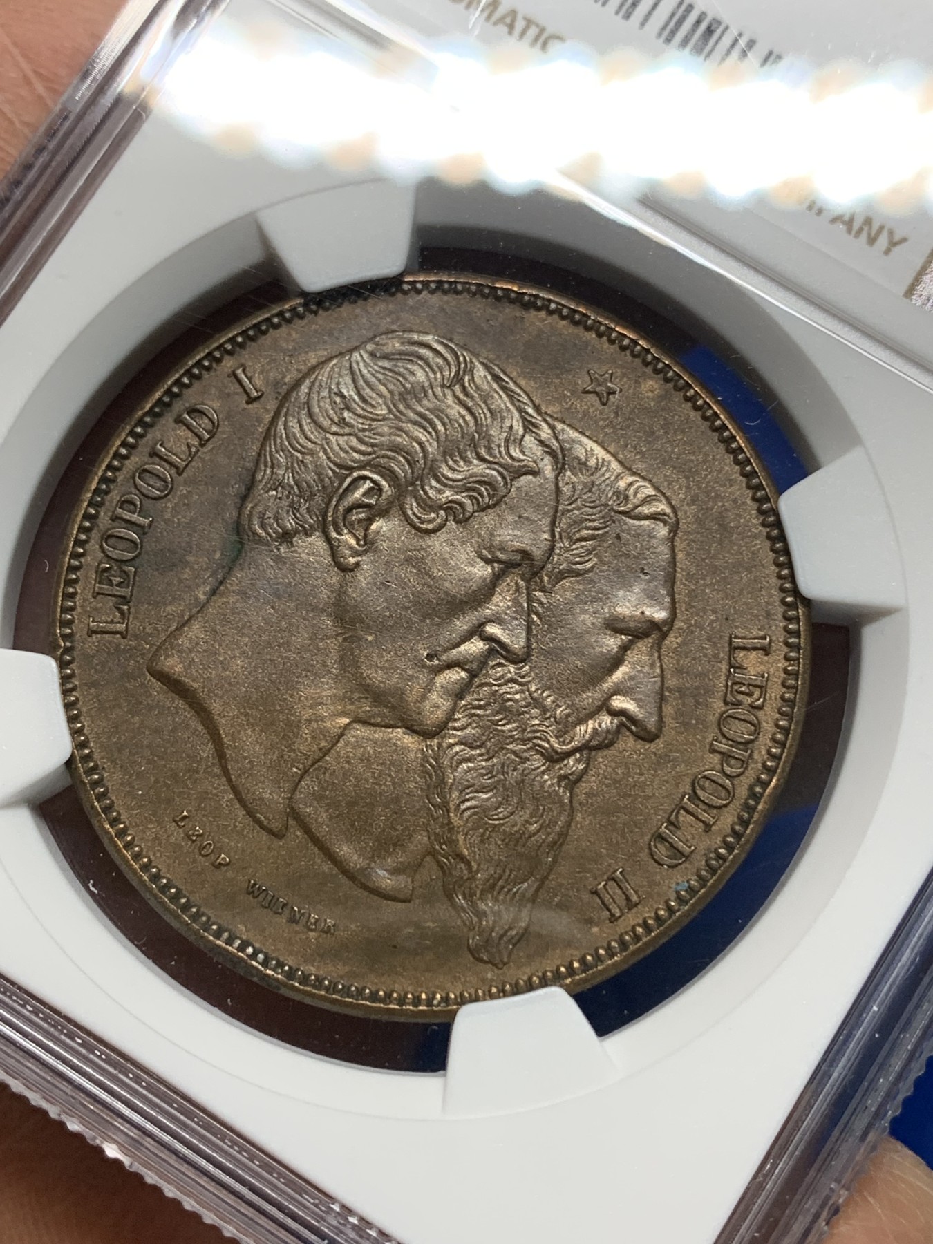 《竞宝斋》第225场-周日，周一，周二 3场 (全场包邮) NGC AUD 1880年比利时5法郎铜章