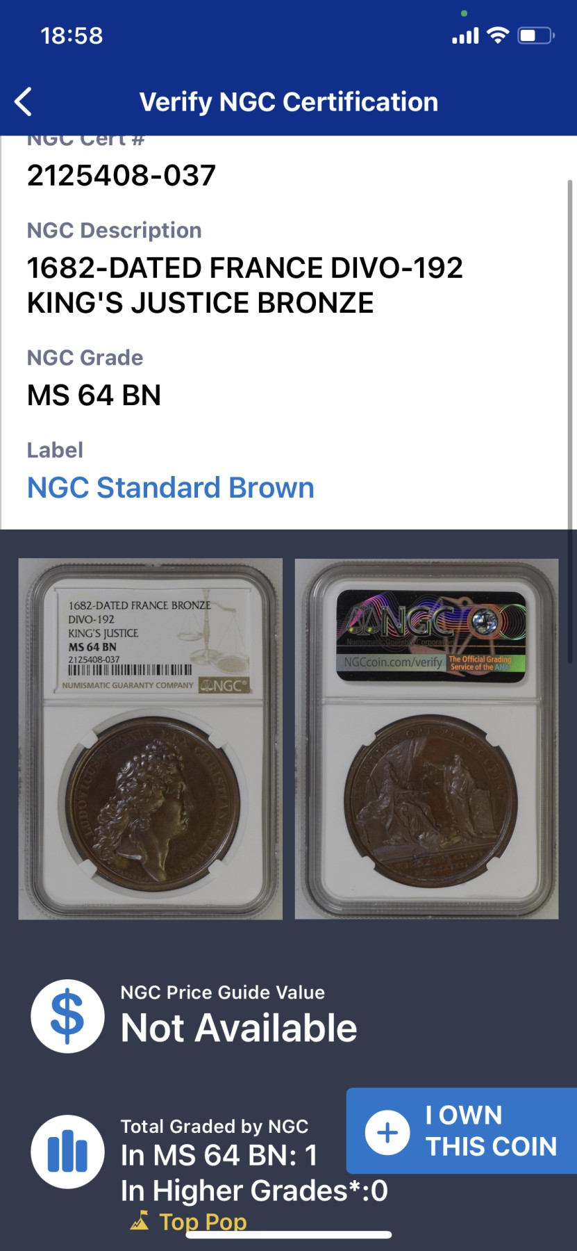 《竞宝斋》第225场-周日，周一，周二 3场 (全场包邮) 唯一冠军分 NGC MS64 法国1682年太阳王路易十四国王正义铜章