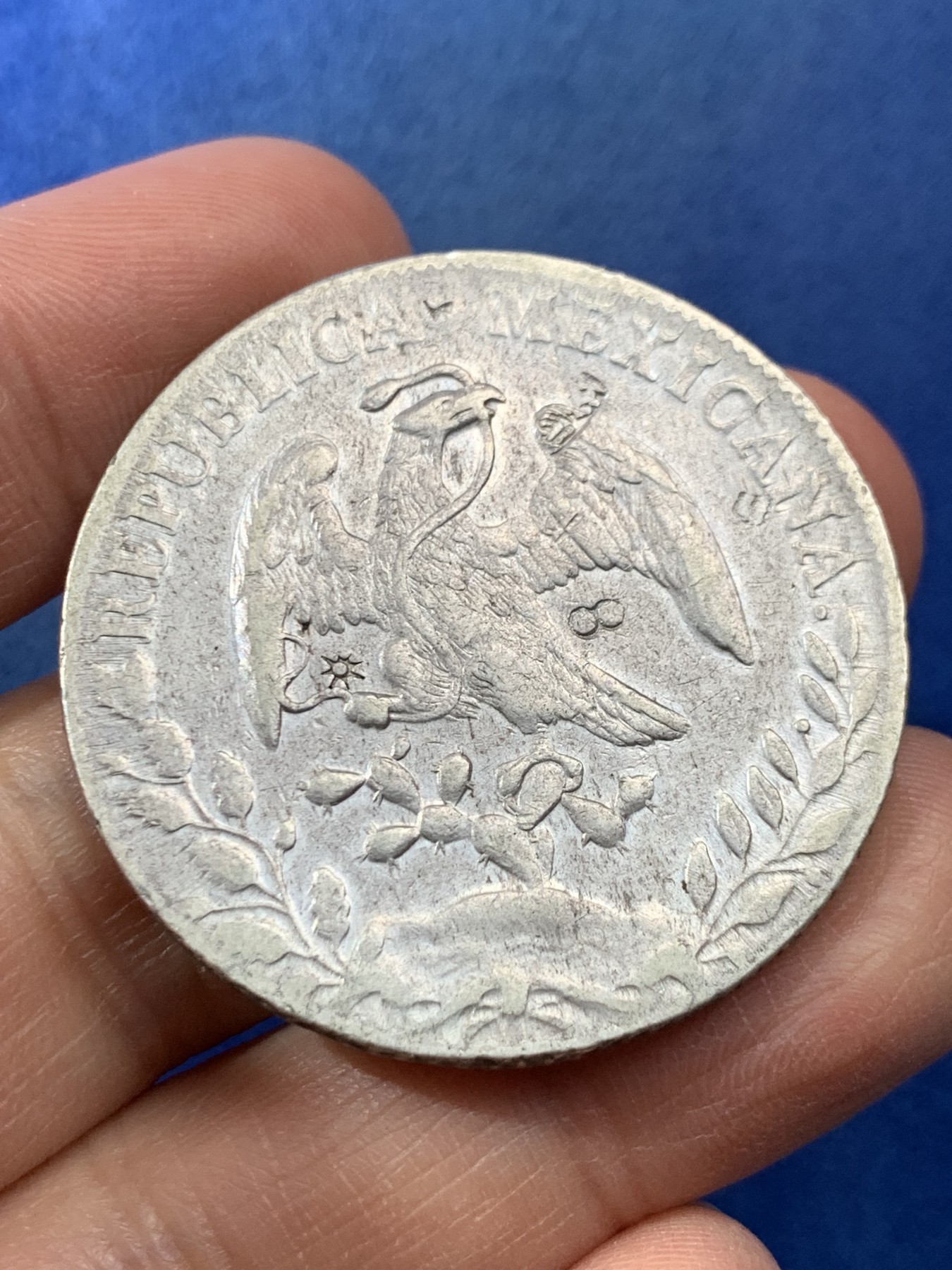 《竞宝斋》第225场-周日，周一，周二 3场 (全场包邮) 1893年墨西哥鹰洋 XF品，老鹰双翼下太阳戳和8字戳挺有特色