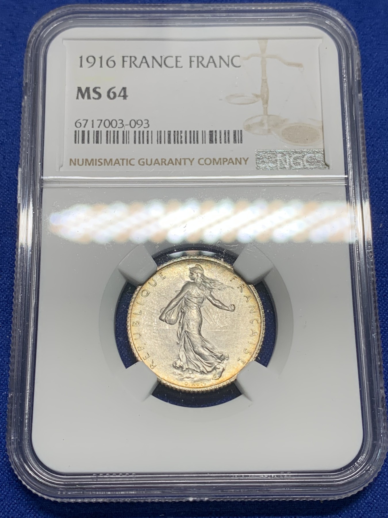 《竞宝斋》第225场-周日，周一，周二 3场 (全场包邮) NGC MS64 法国1916年播种女神1法郎银币