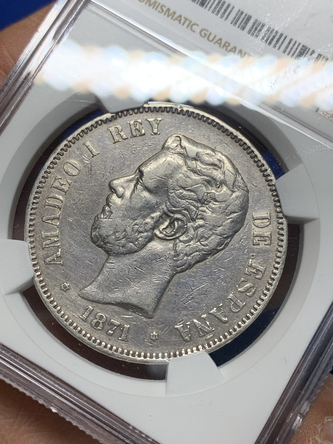 《竞宝斋》第225场-周日，周一，周二 3场 (全场包邮) NGC VFD 西班牙1871年阿玛迪奥一世5比塞塔银币