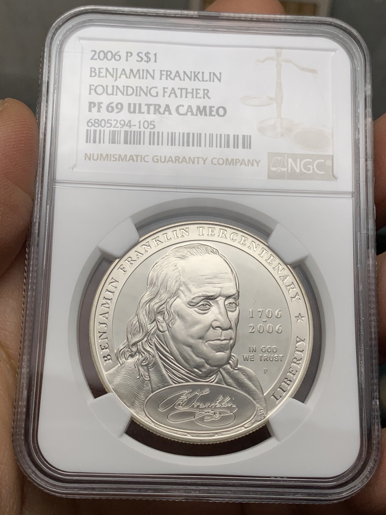 《竞宝斋》第225场-周日，周一，周二 3场 (全场包邮) NGC PF69UC 美国2006年富兰克林1美元大银币